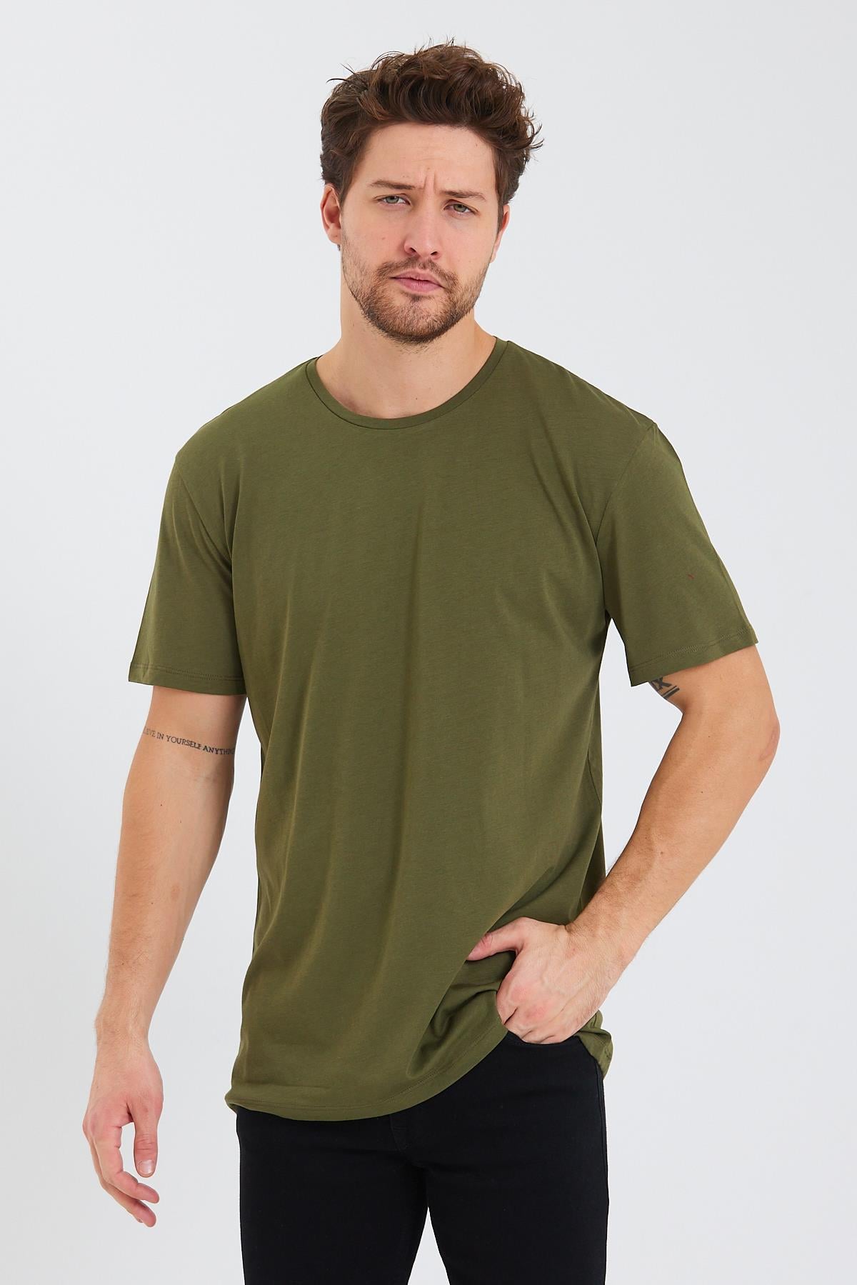 Erkek Pamuk Modal Oversize T-shirt Haki