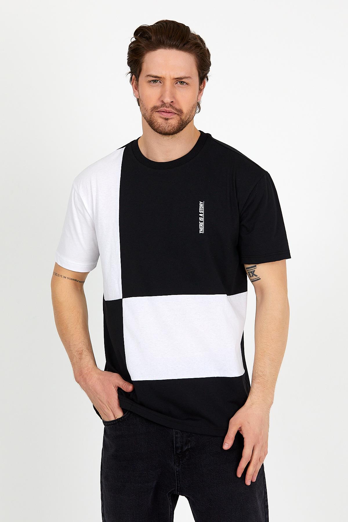 Erkek Parçalı Basic T-shirt Siyah-Beyaz