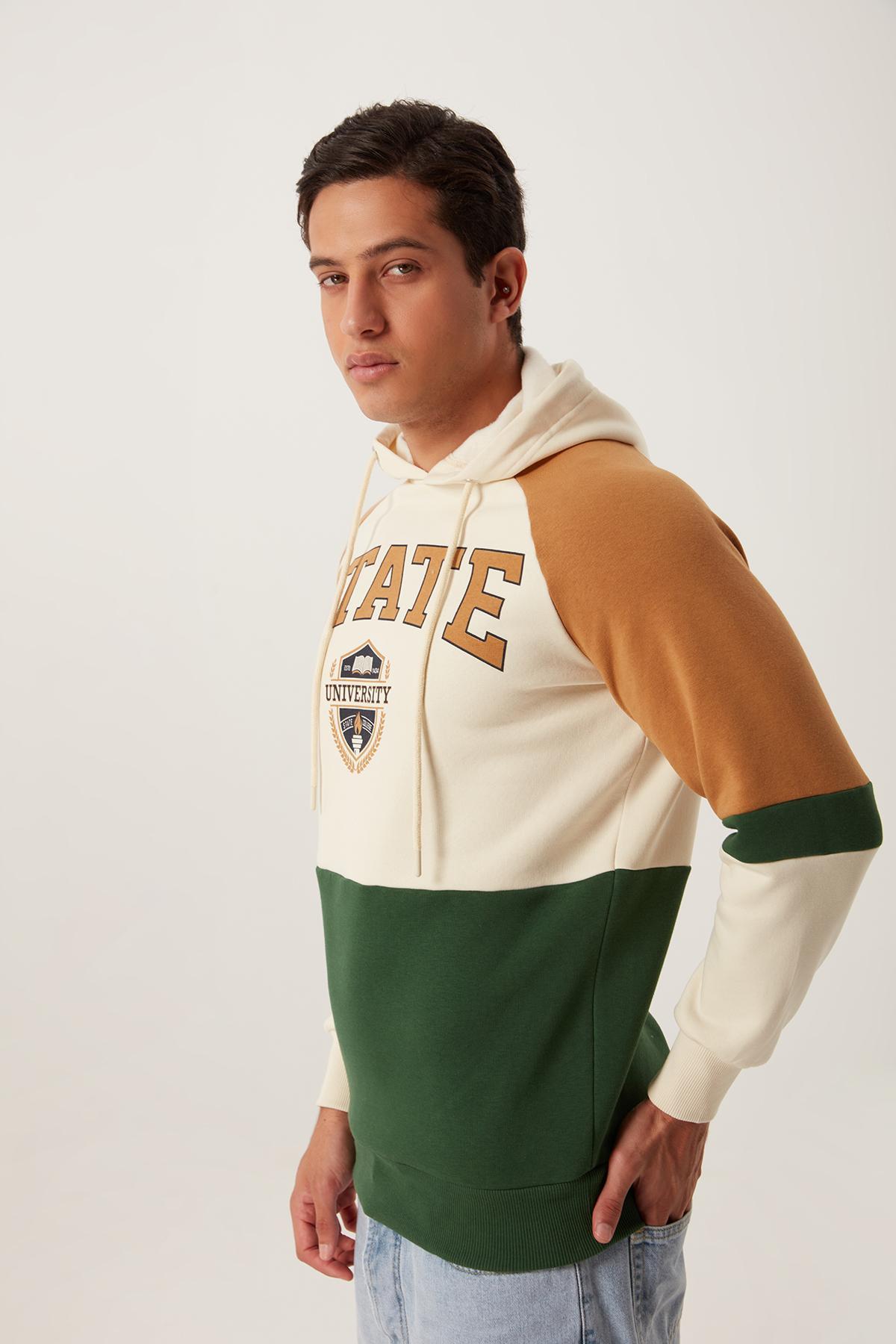 Erkek Parçalı Kapüşonlu 3 İplik Sweatshirt   Ekru