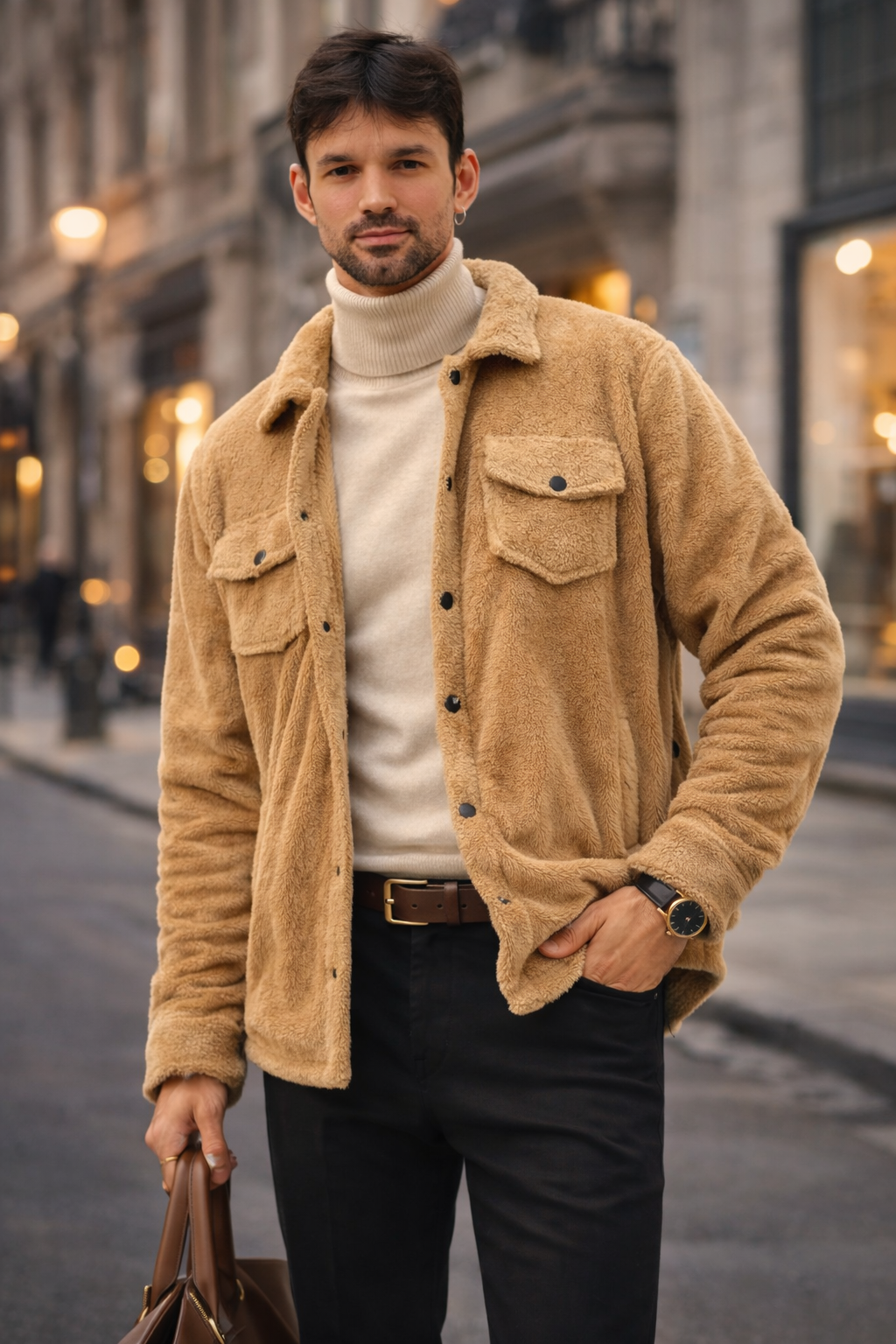 Erkek Peluş Yumuşak Dokulu Sherpa Ceket Camel