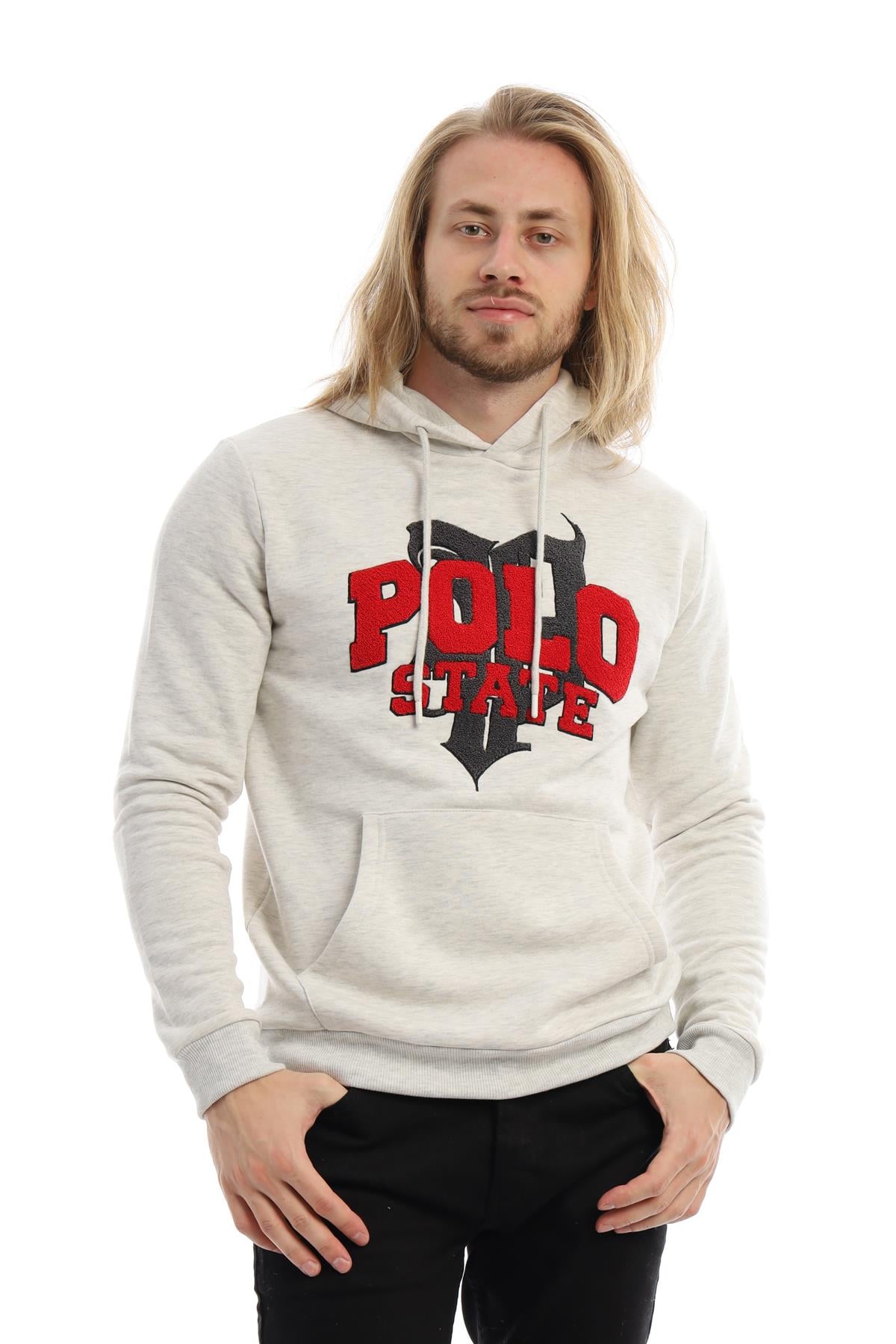 Erkek Polo State Süzine Nakışlı Kapüşonlu Sweat  Kar Melanj
