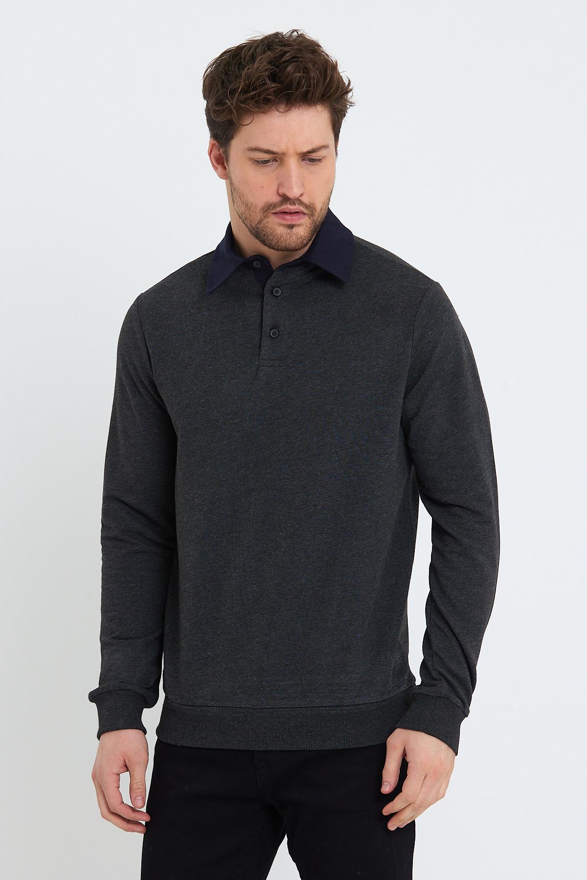 Erkek Polo Yaka 2 İplik Sweatshirt Antrasit