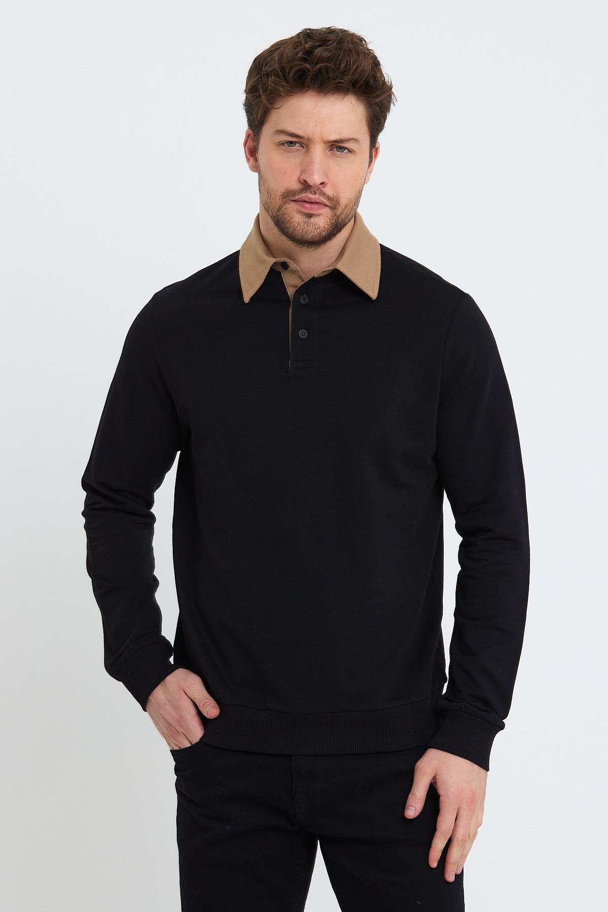 Erkek Polo Yaka 2 İplik Sweatshirt Siyah
