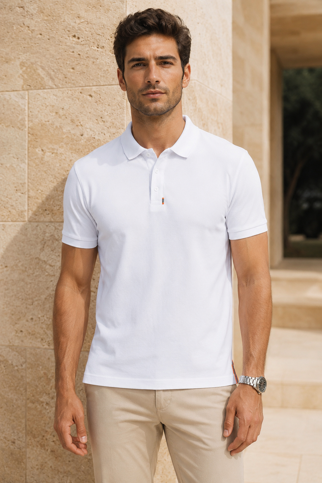 Erkek Polo Yaka Pike Kumaş Tişört Beyaz %100 Pamuk Regular Fit