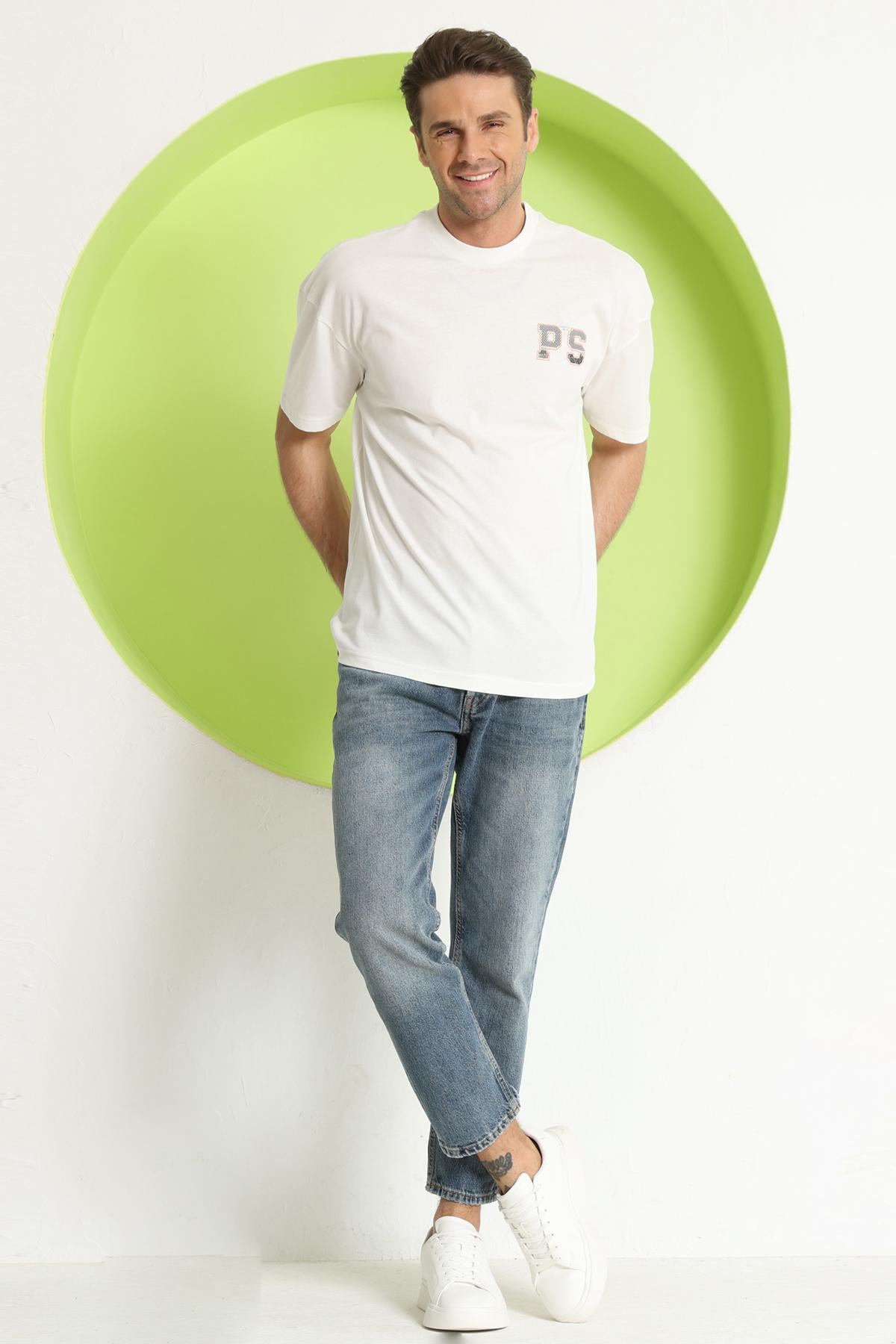 Erkek PS Baskılı Oversize T-Shirt Ekru