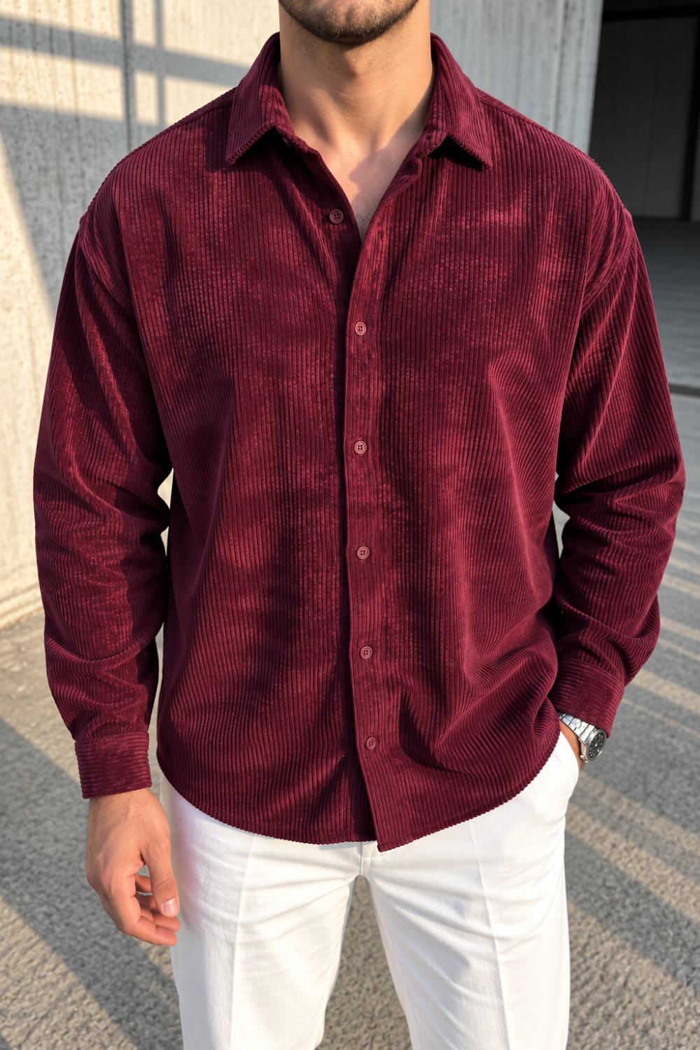 Erkek Regular Fit Fitilli Kadife Uzun Kollu Gömlek - Bordo Bordo
