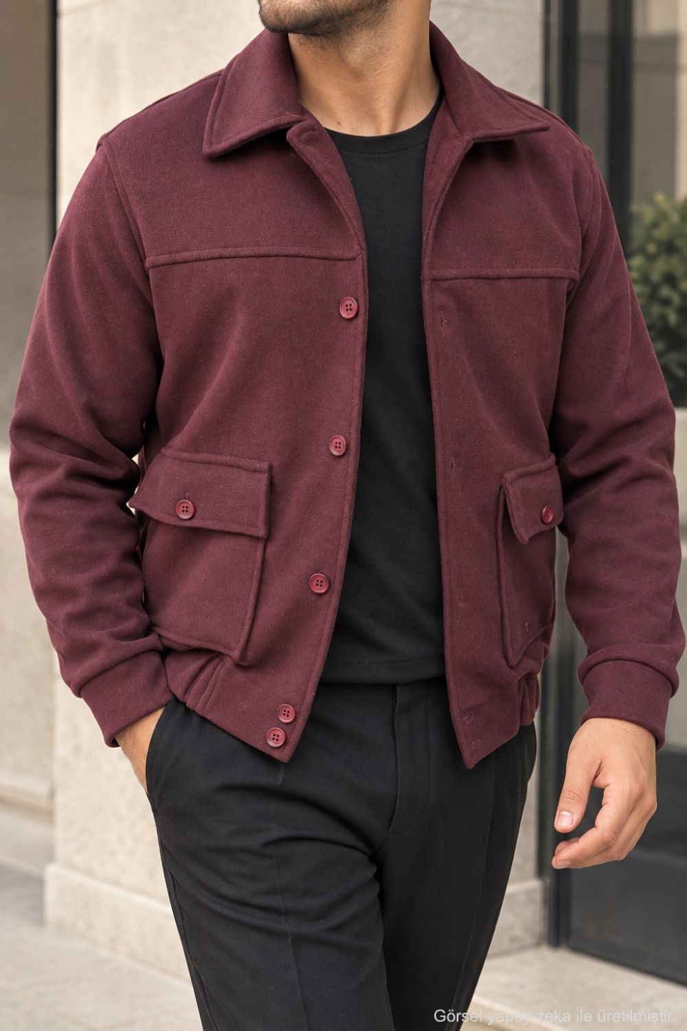 Erkek Regular Fit Kaşe Dokulu Düğmeli Ceket - Bordo Bordo
