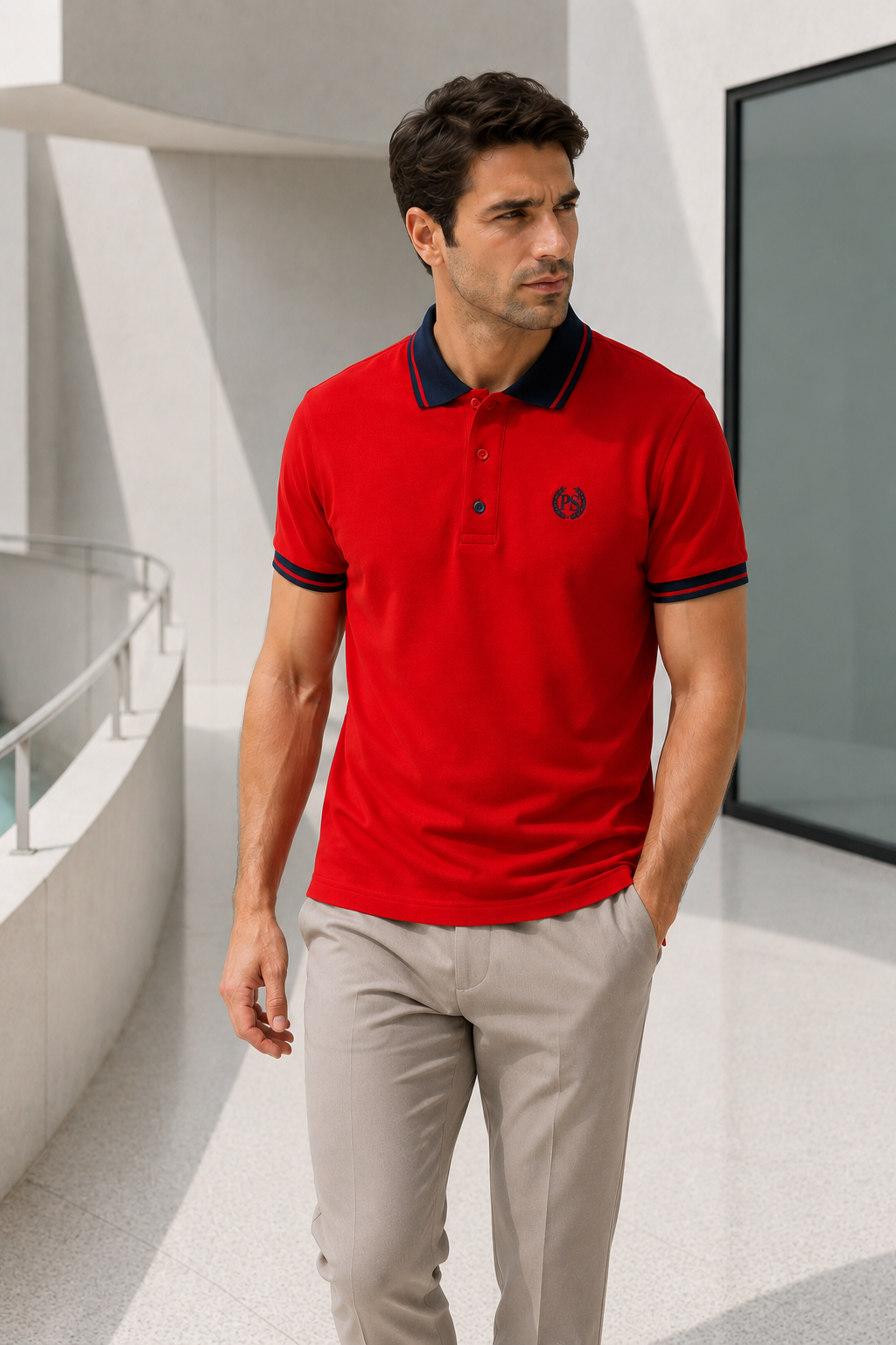 Erkek Regular Fit Nakışlı Kontrast Yaka Kırmızı Polo Yaka Tişört