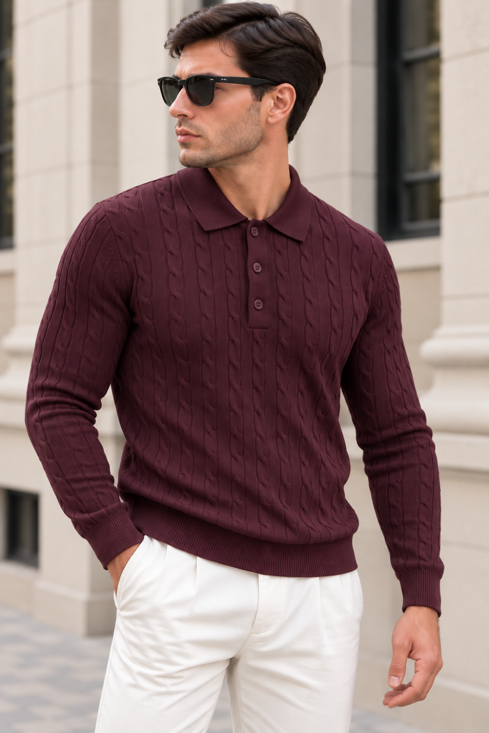 Erkek Saç Örgü Desenli Uzun Kollu Polo Yaka Triko Kazak - Bordo Bordo