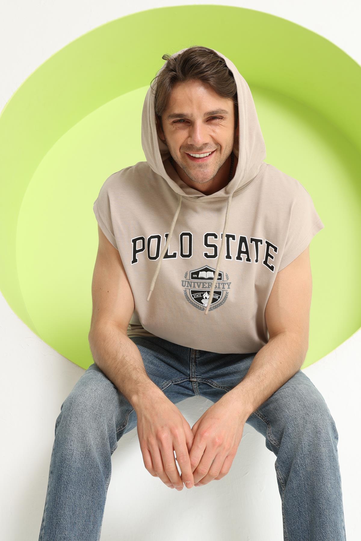 Erkek Sıfır Kol Kapüşonlu T-Shirt Bej