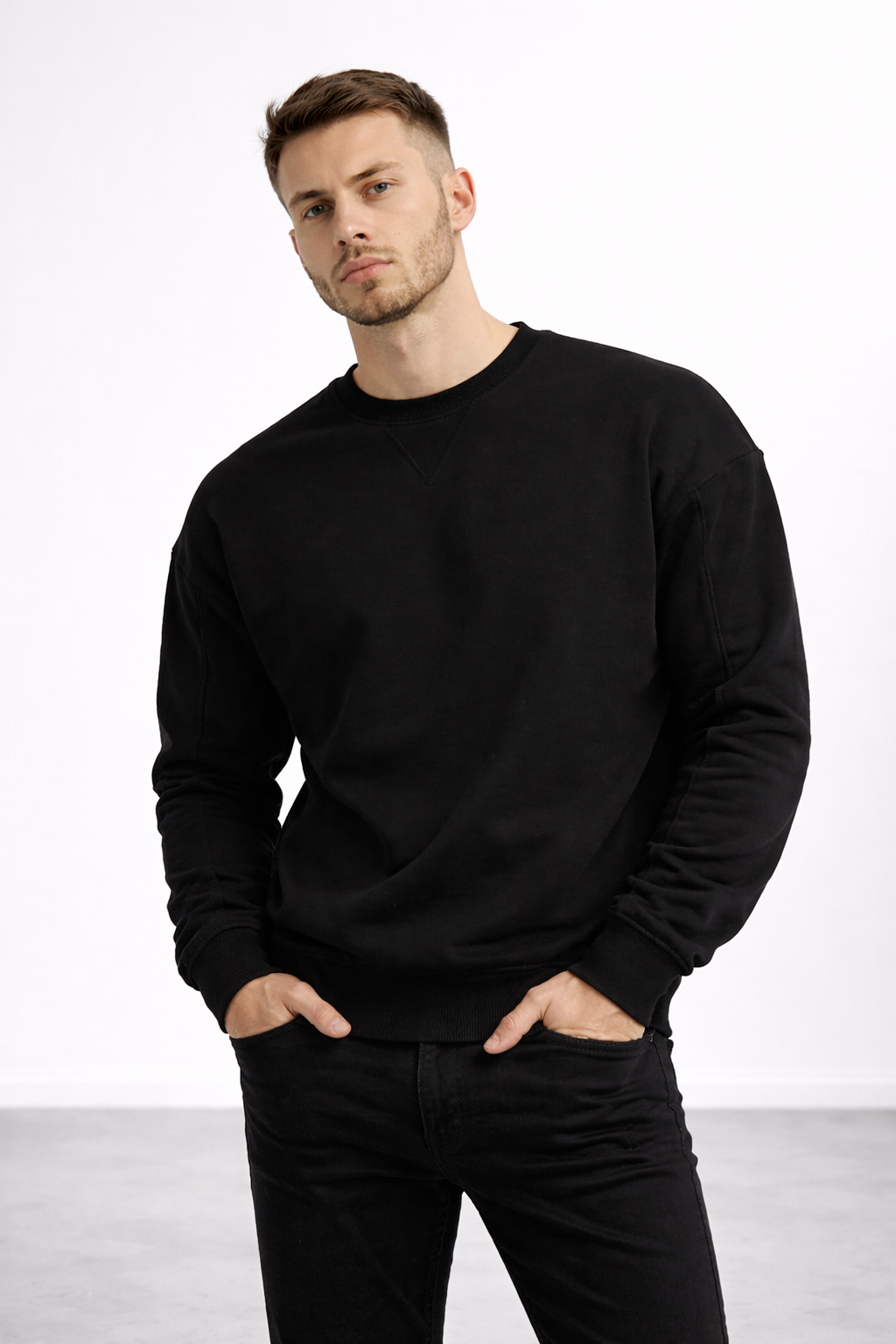 Erkek Siyah 3 İplik Şardonlu Kalın Basic Bisiklet Yaka Oversize Sweatshirt