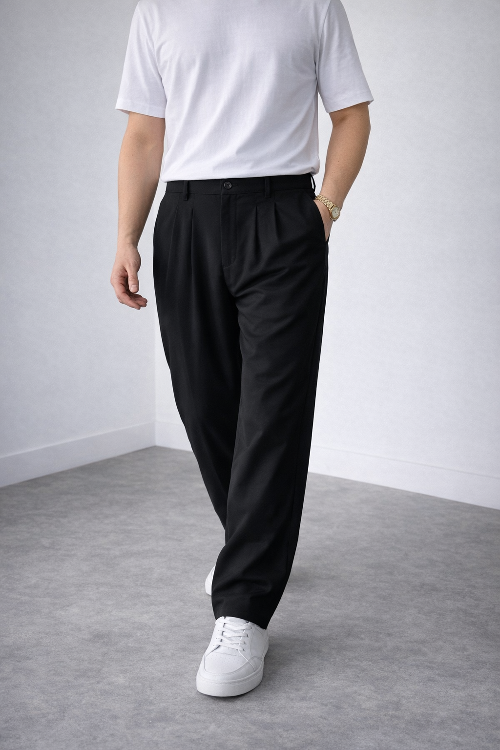 Erkek Siyah Bol Kalıp Pileli Kumaş Pantolon