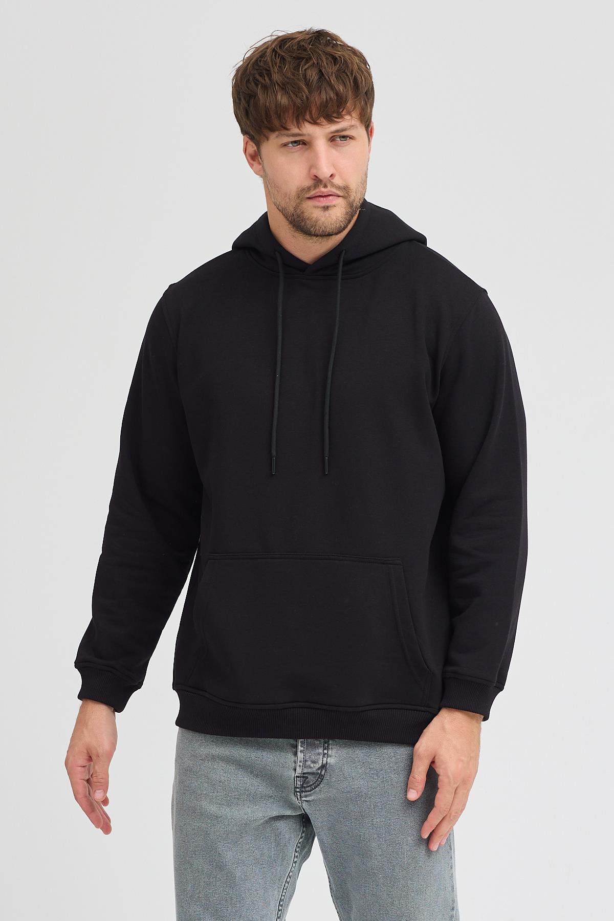 Erkek Siyah Standart Fit Normal Kesim Içi Polarlı 3 Iplik Kapüşonlu Pamuklu Sweatshirt