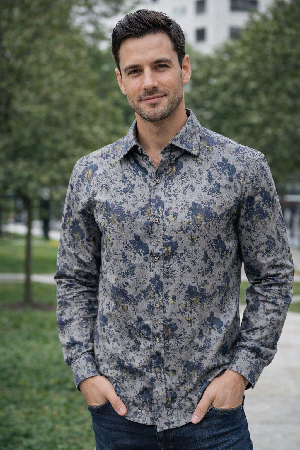Erkek Slim Fit Çiçek Desenli Denim Gömlek