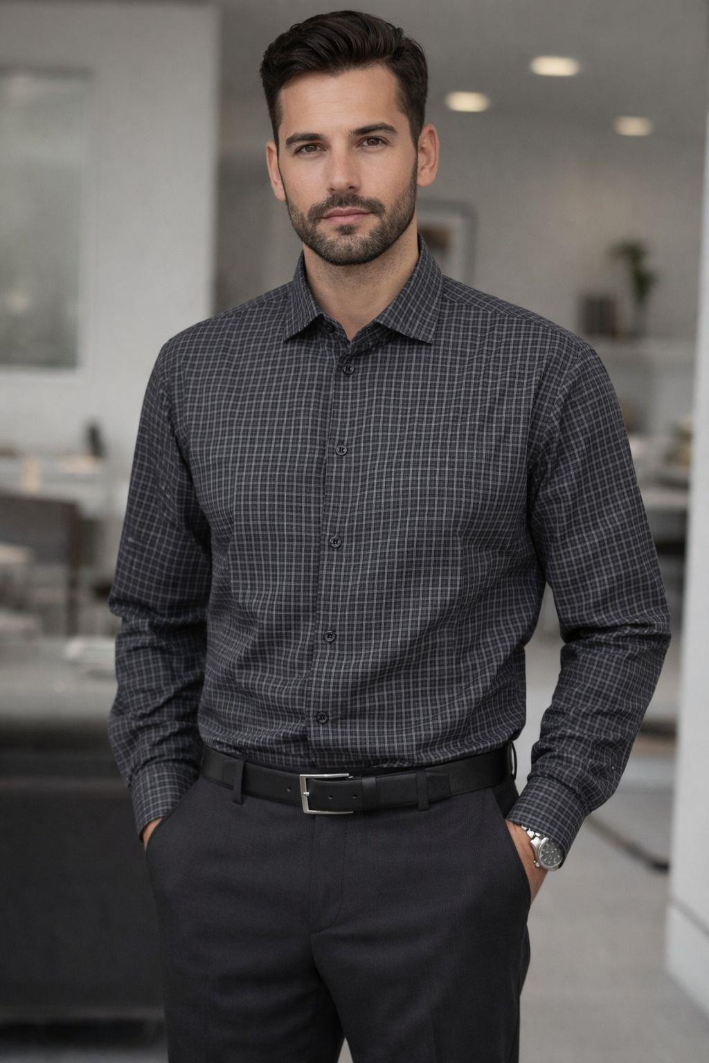 Erkek Slim Fit Klasik Kareli Kahverengi Gömlek
