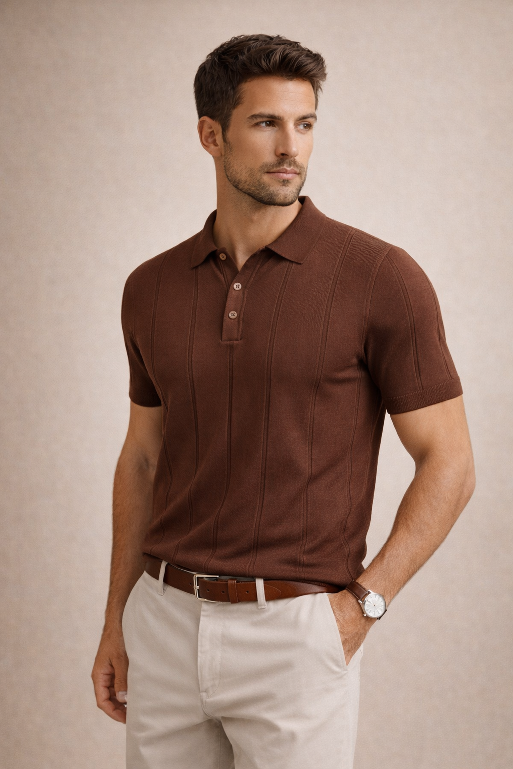 Erkek Triko Polo Yaka Kısa Kollu Dikey Desenli Slim Fit Tişört Kahverengi
