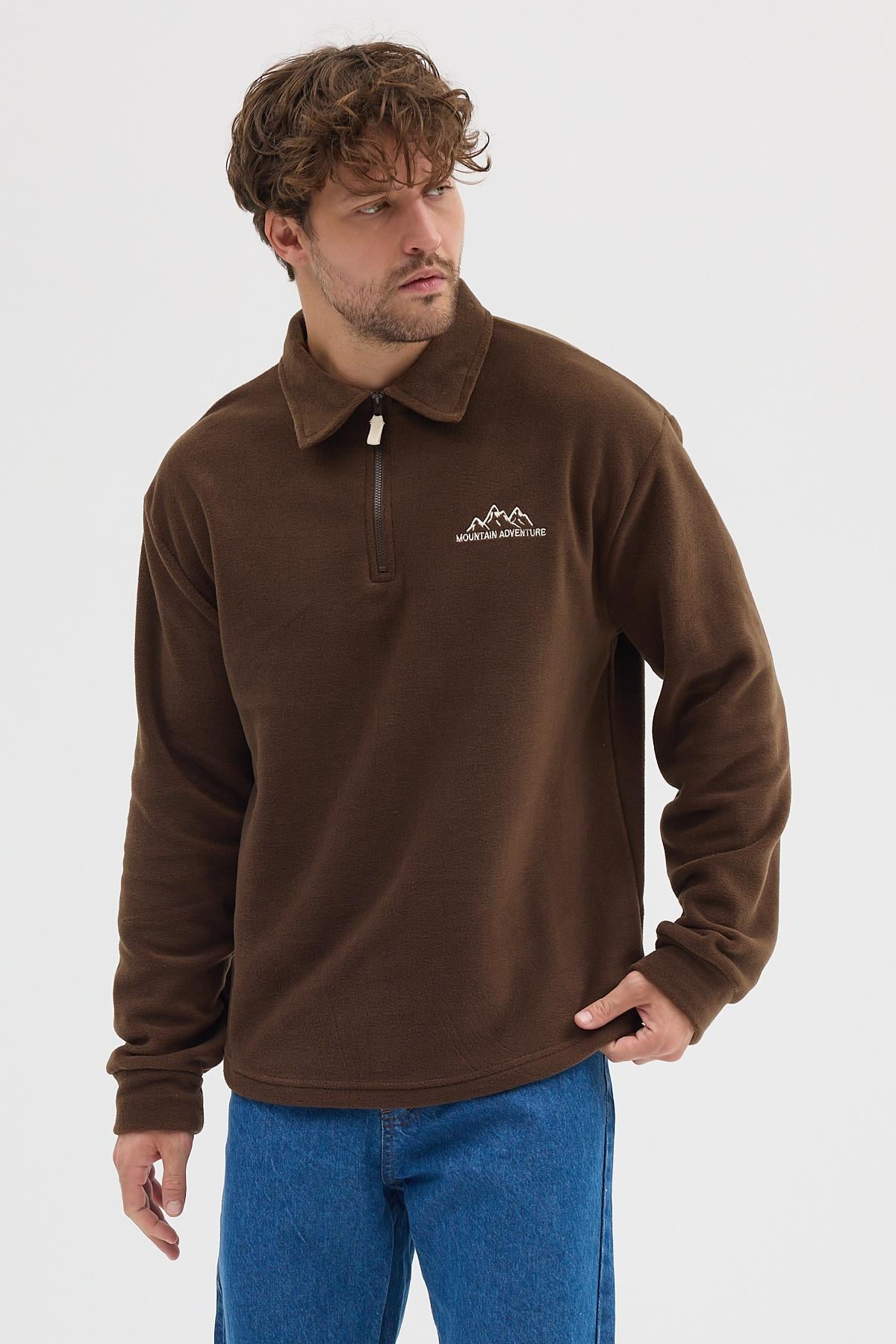 Erkek Tüylenme Yapmayan Soğuk Geçirmez Sweatshirt Kahverengi
