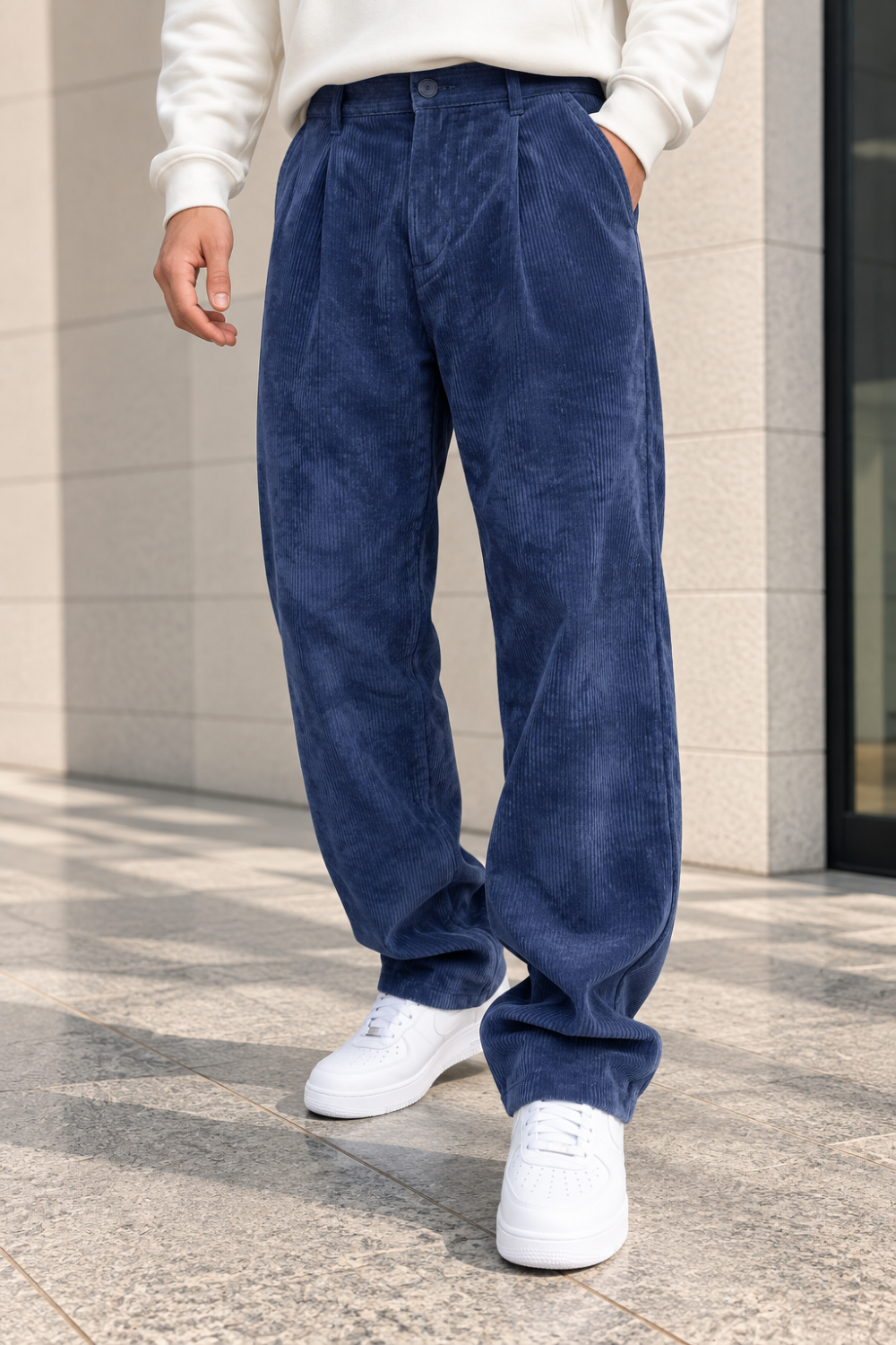 Erkek Yıkamalı Fitilli Kadife Bol Kesim Pantolon - Saks Saks