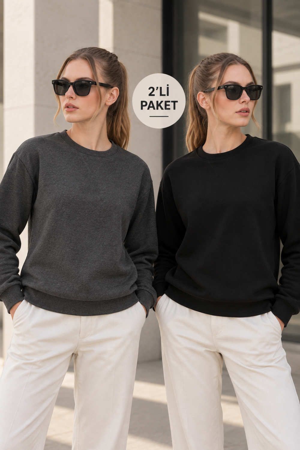 Kadın 2’li Bisiklet Yaka Basic Sweatshirt – Siyah / Antrasit Antrasit