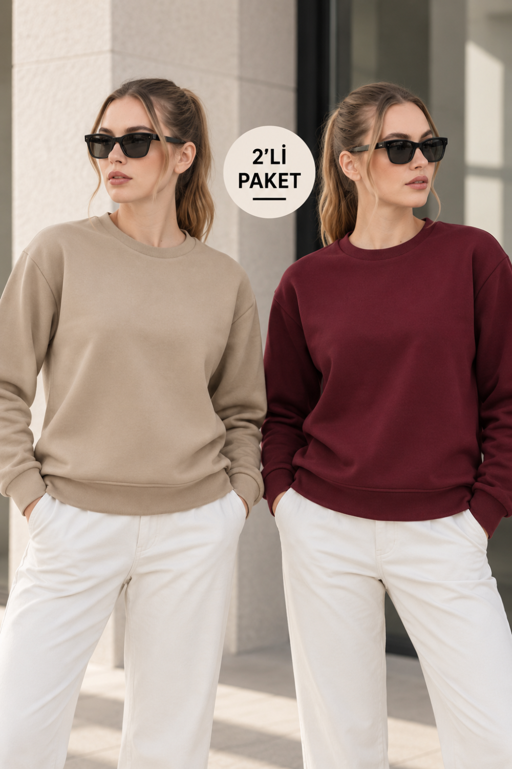 Kadın 2’li Bisiklet Yaka Basic Sweatshirt – Bej / Bordo Bej