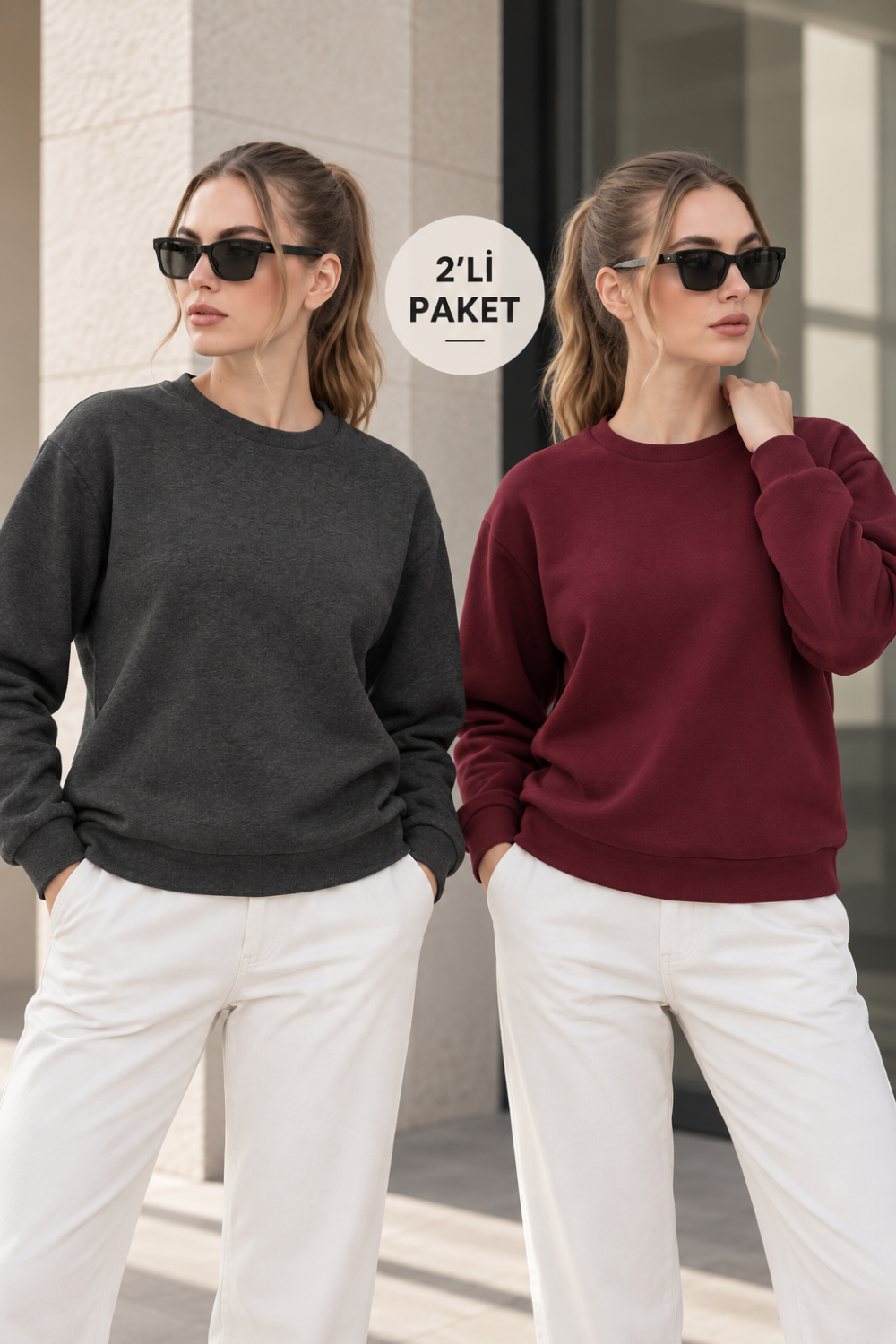 Kadın 2’li Bisiklet Yaka Basic Sweatshirt – Bordo / Antrasit Bordo