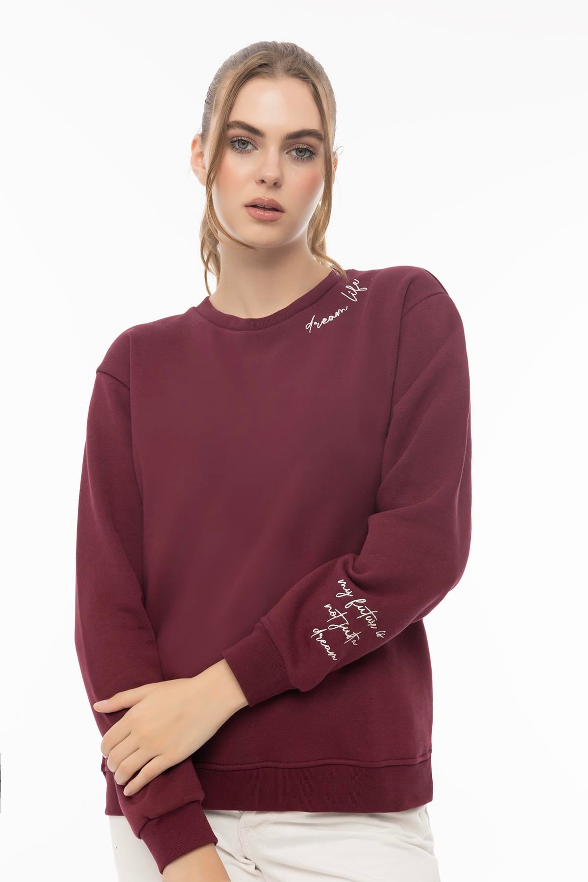 Kadın 3 İplik Şardonlu Bisiklet Yaka Sweatshirt Bordo