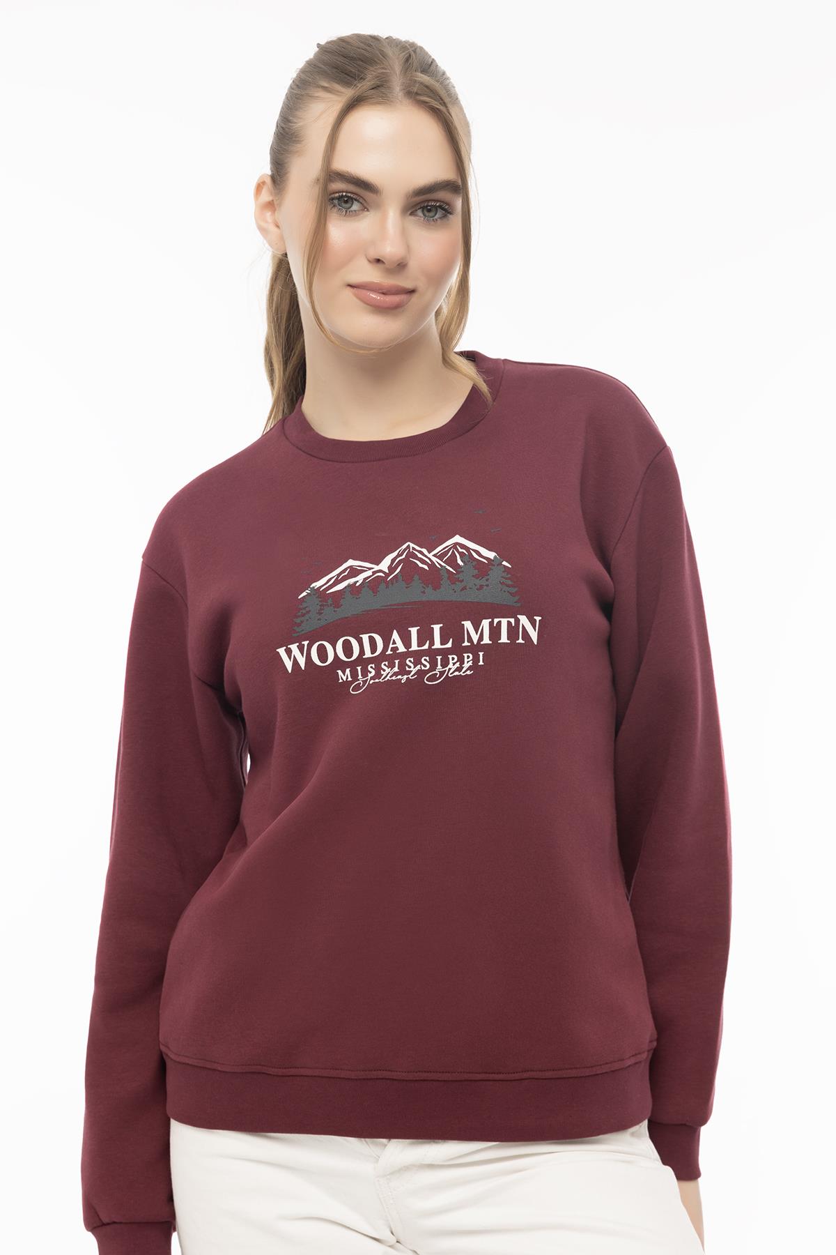 Kadın 3 İplik Şardonlu Woodall Mtn Baskıli Sweatshirt Bordo