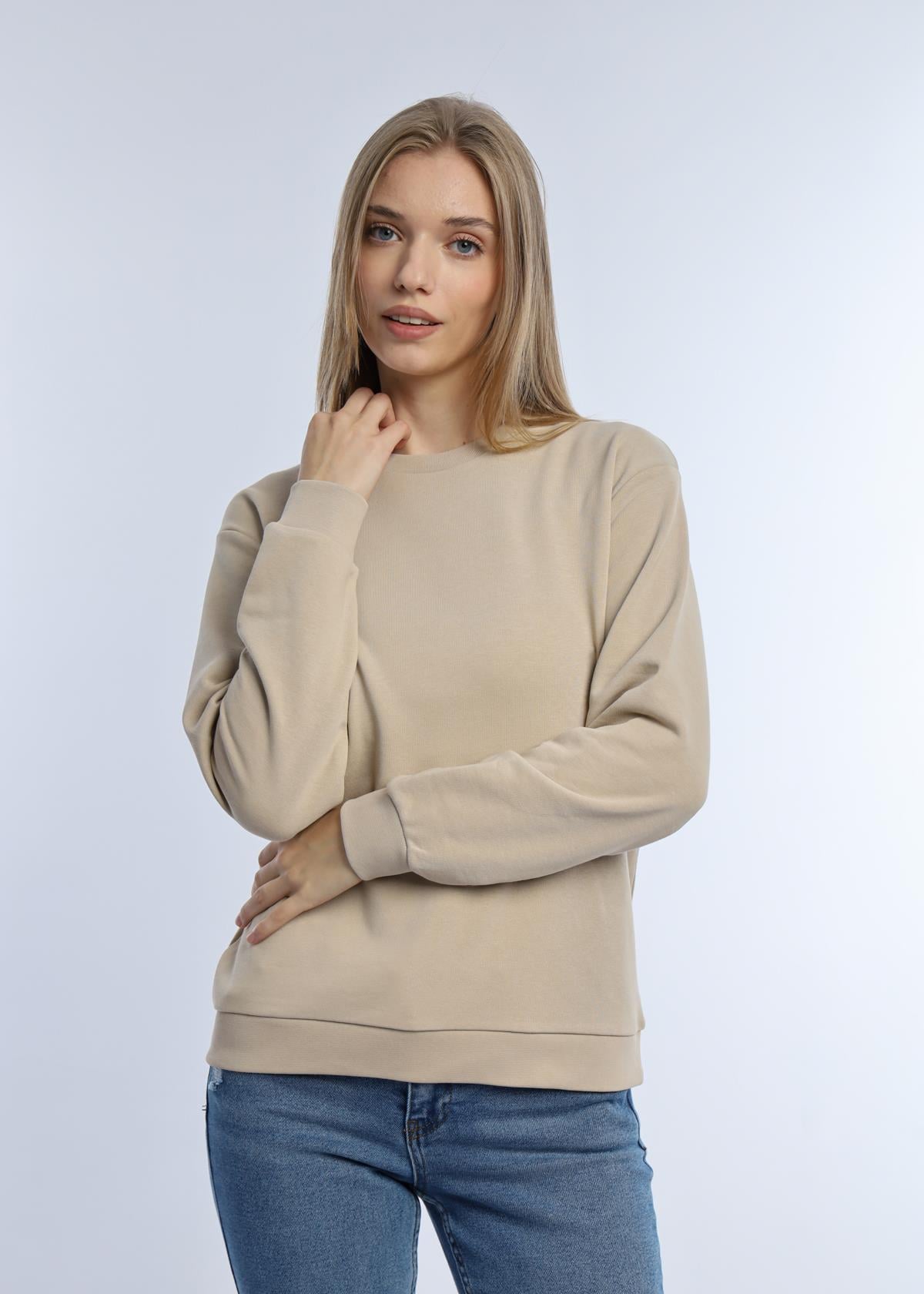 Kadın 3 İplik Şardonsuz Bisiklet Yaka Sweatshirt Bej