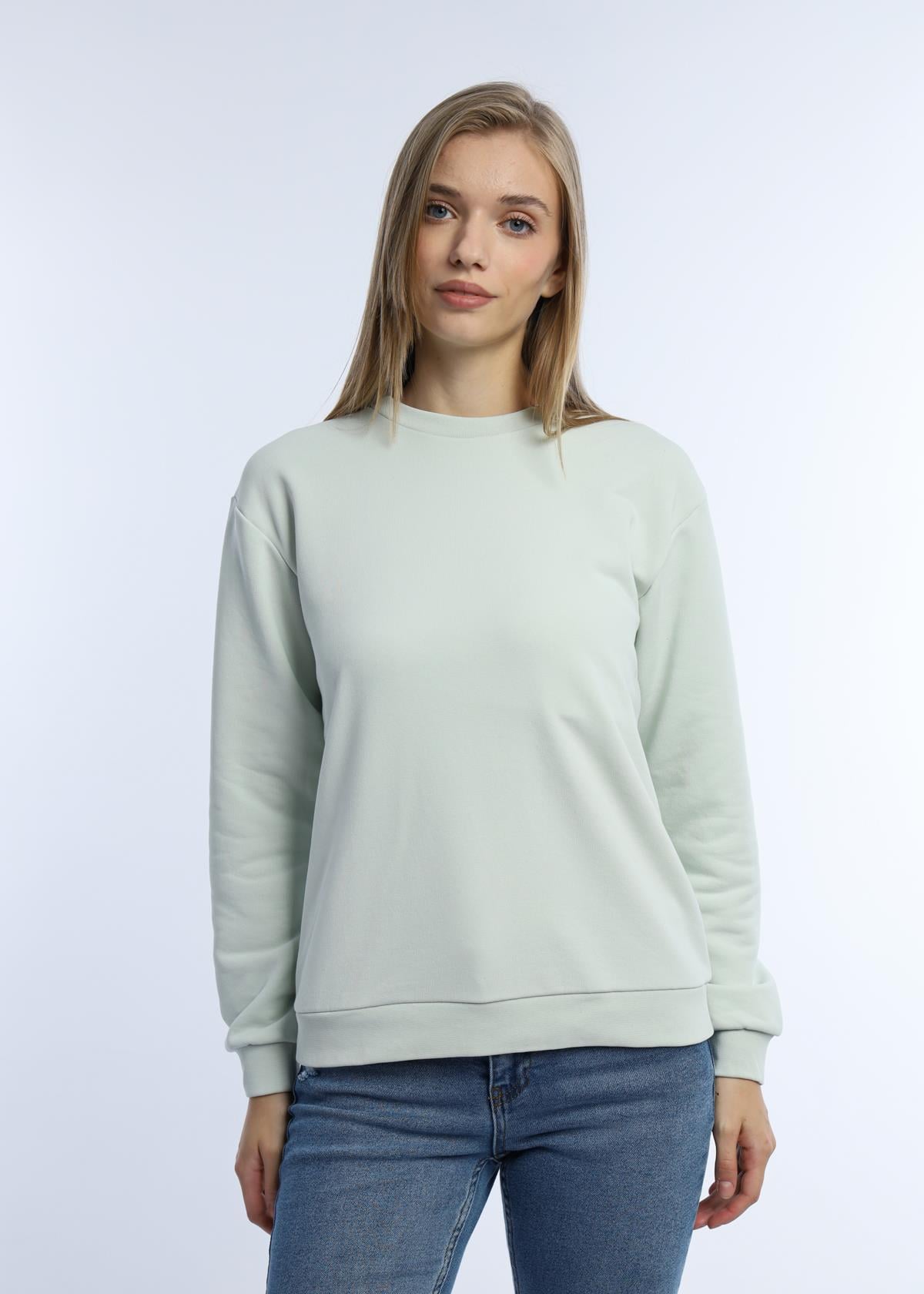 Kadın 3 İplik Şardonsuz Bisiklet Yaka Sweatshirt Mint