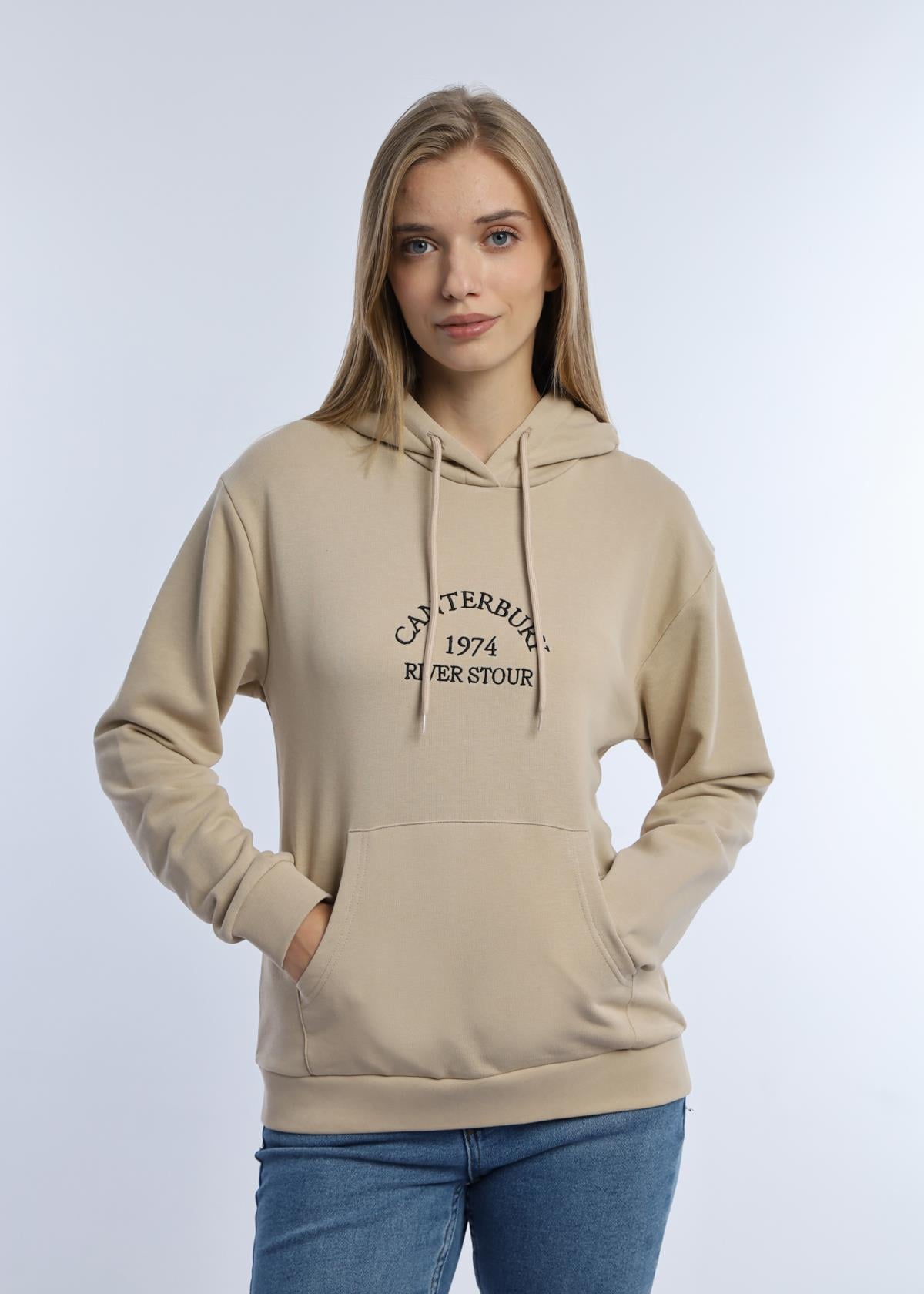 Kadın 3 İplik Şardonsuz Kapüşonlu Sweatshirt Bej
