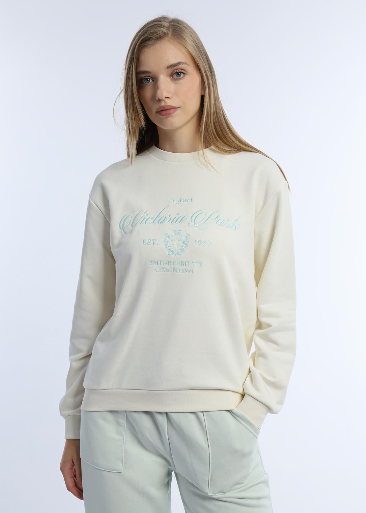 Kadın 3 İplik Şardonsuz United Kingdom Nakışlı Sweatshirt Mint