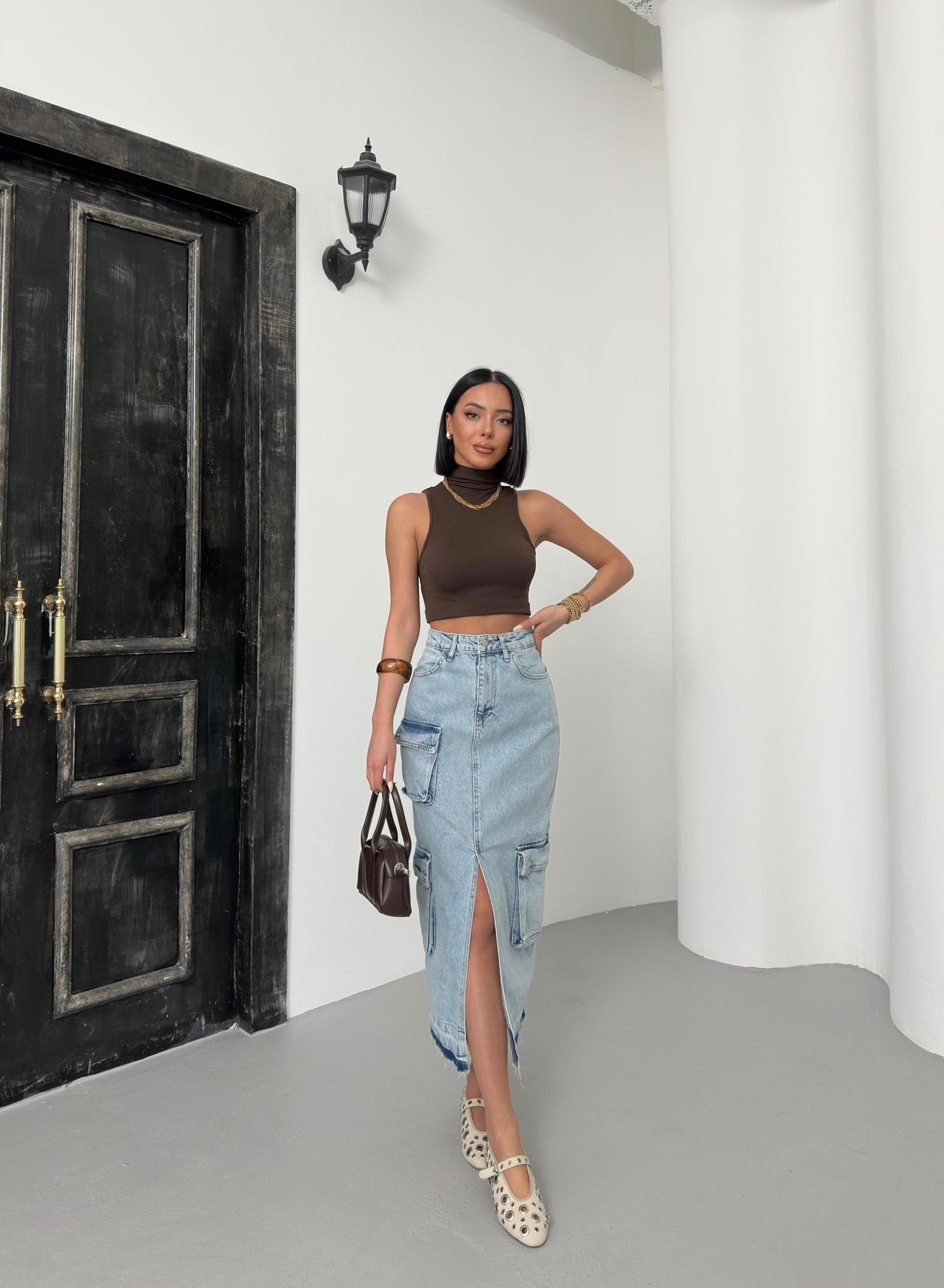 Kadın Açık Mavi Yüksek Bel Kargo Cepli Yırtmaçlı Midi Jean Etek