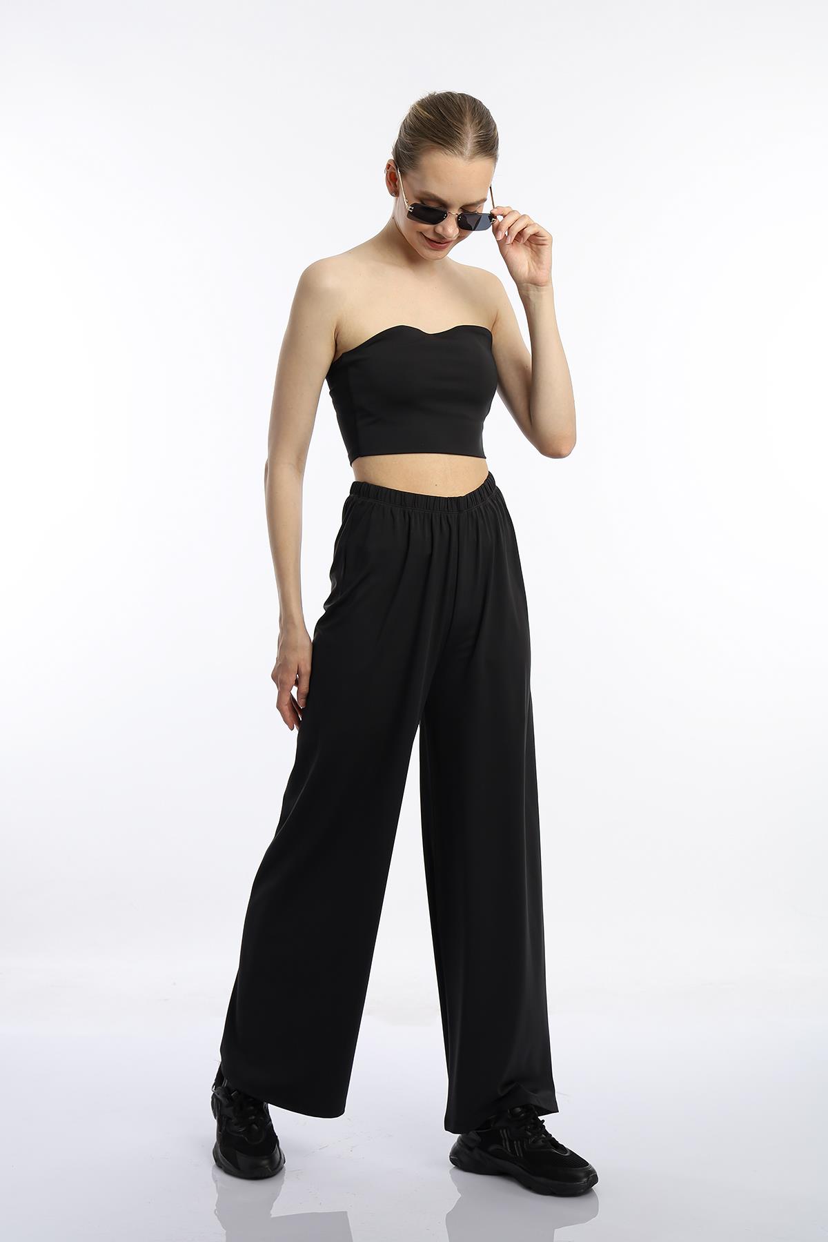 Kadın Allegro Kumaş Crop / Pantolon Takım Siyah