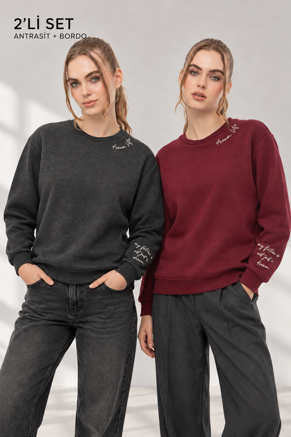 Kadın Antra Bordo 2’li Şardonlu Nakışlı Sweatshirt Seti