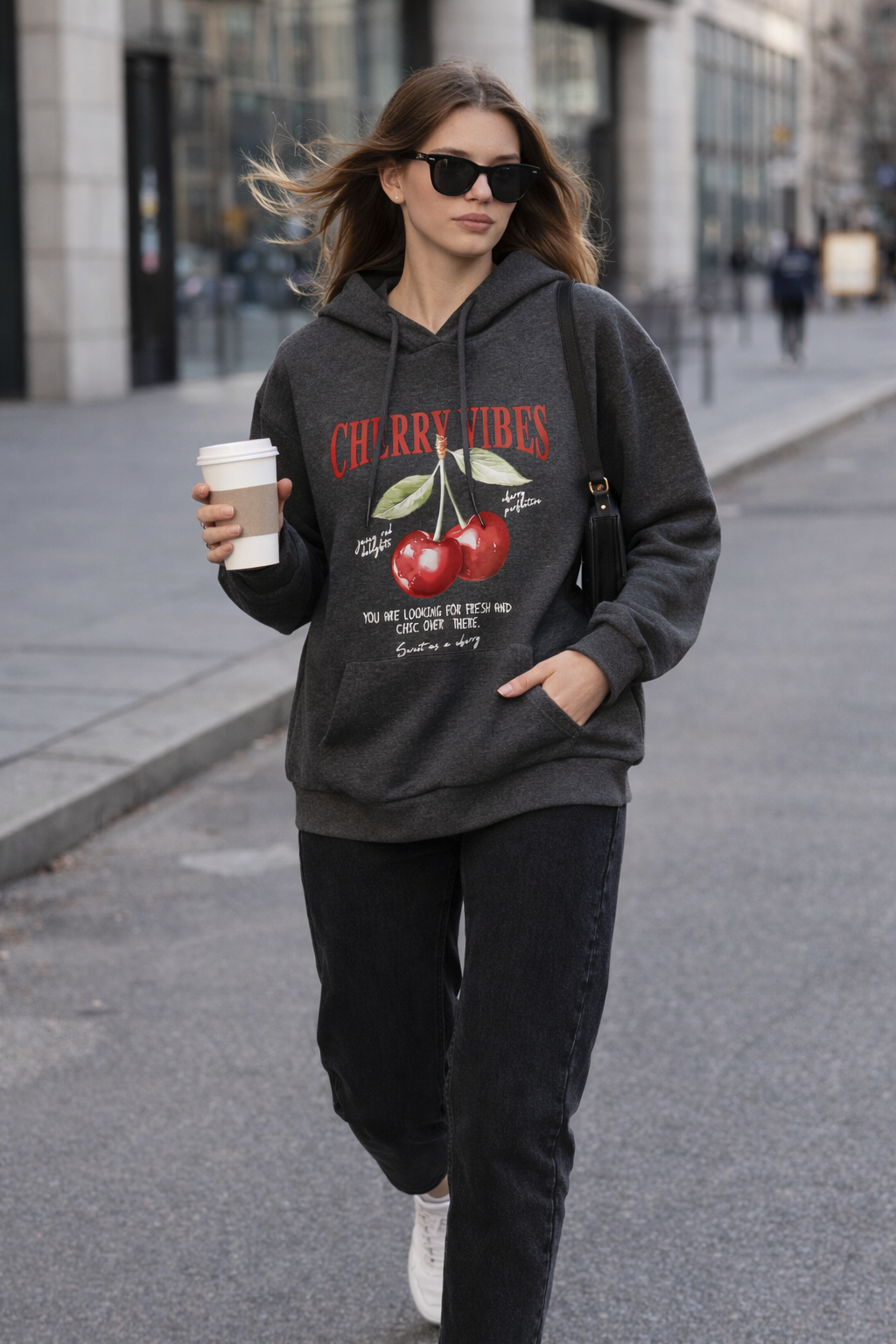 Kadın Antrasit Kiraz Baskılı Oversize Kapüşonlu Sweatshirt Hoodie