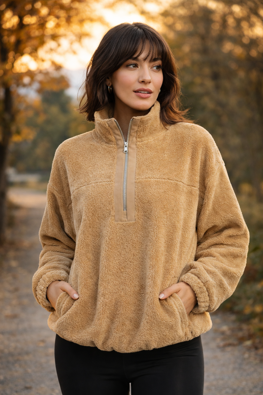 Kadın Balıkçı Yaka Yarım Fermuarlı Peluş Polar Sweatshirt Bej