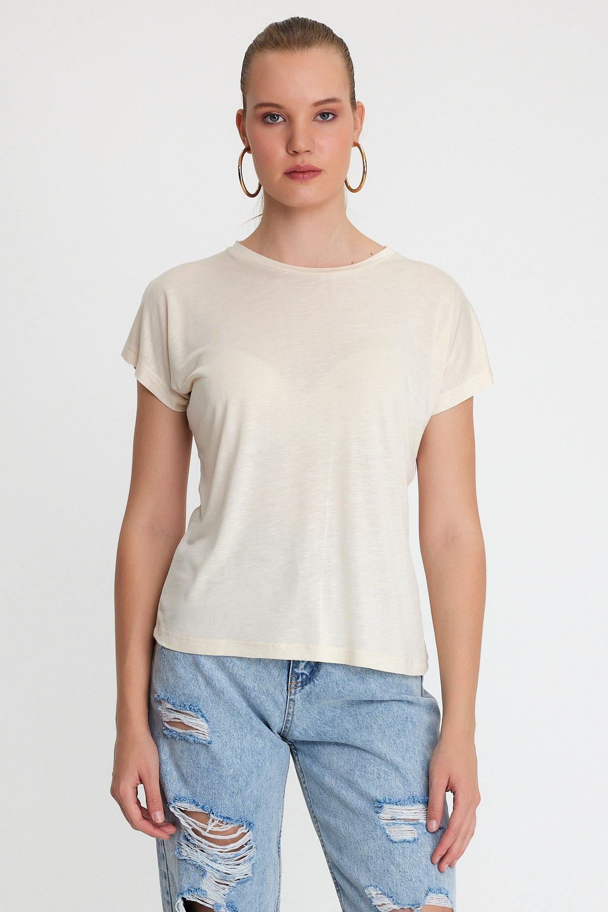 Kadın Bambu Kumaş Bisiklet Yaka T-shirt Bej