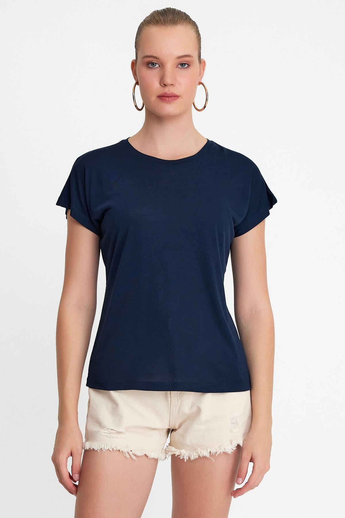 Kadın Bambu Kumaş Bisiklet Yaka T-shirt Lacivert