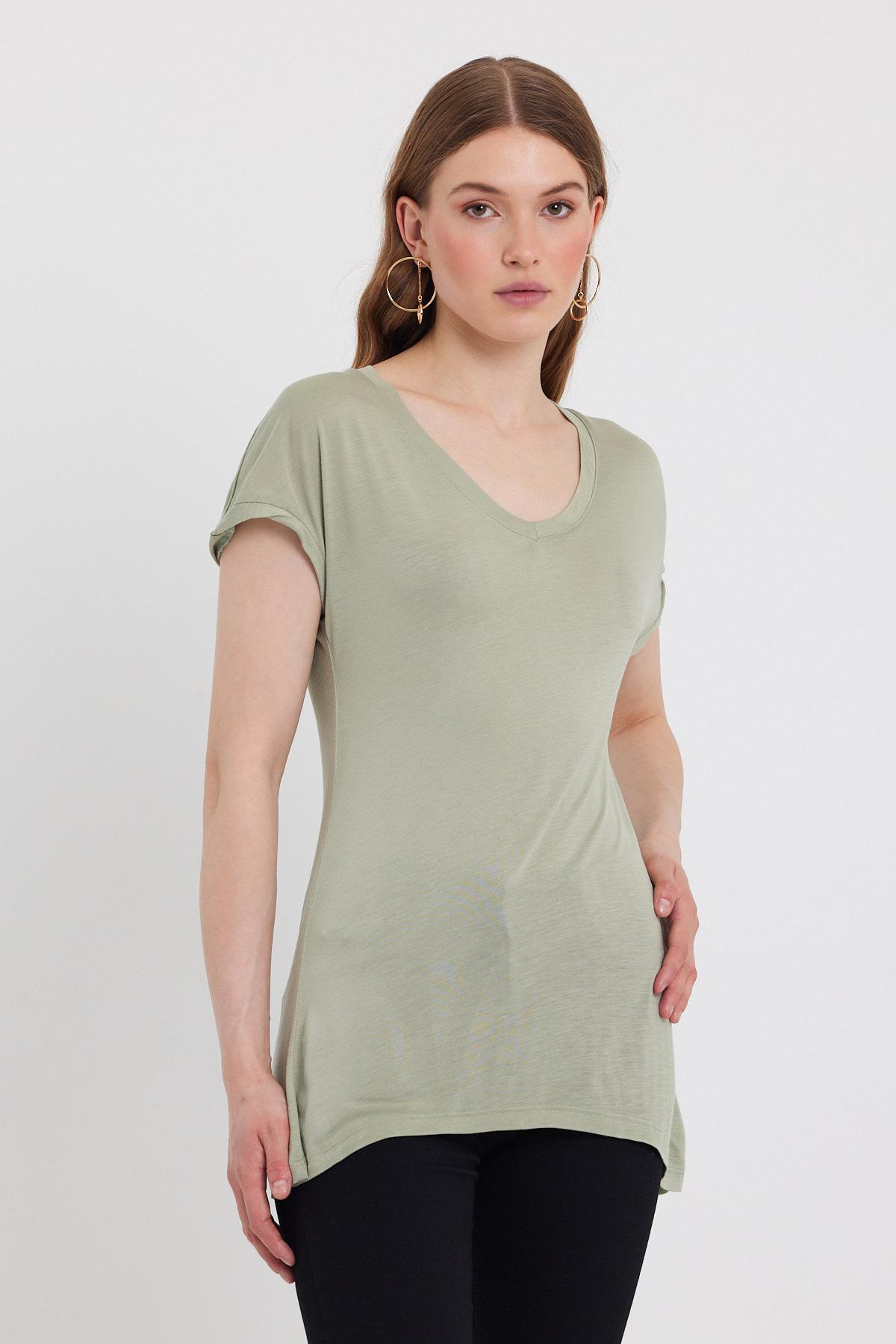 Kadın Bambu Kumaş V Yaka T-shirt Açık Yeşil