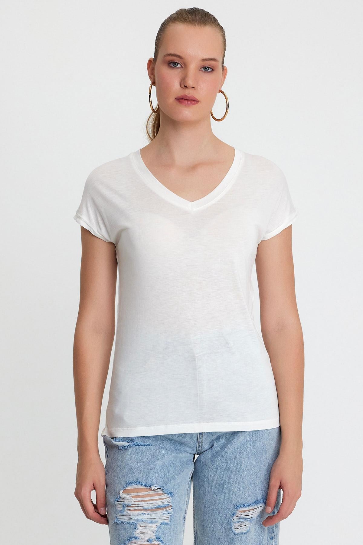 Kadın Bambu Kumaş V Yaka T-shirt Beyaz