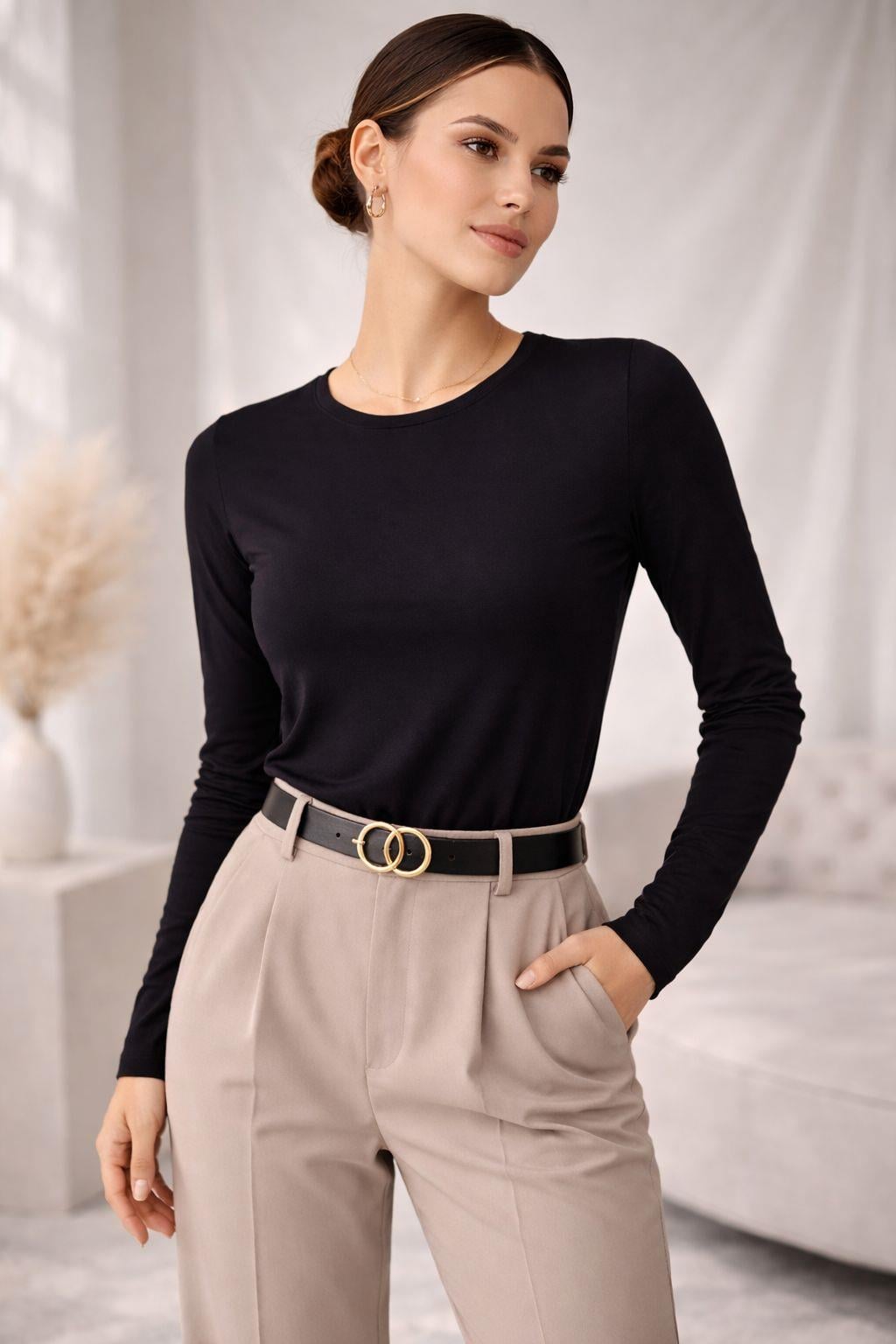 Kadın Basic Bisiklet Yaka Modal Likra Esnek Uzun Kollu Bluz - Siyah