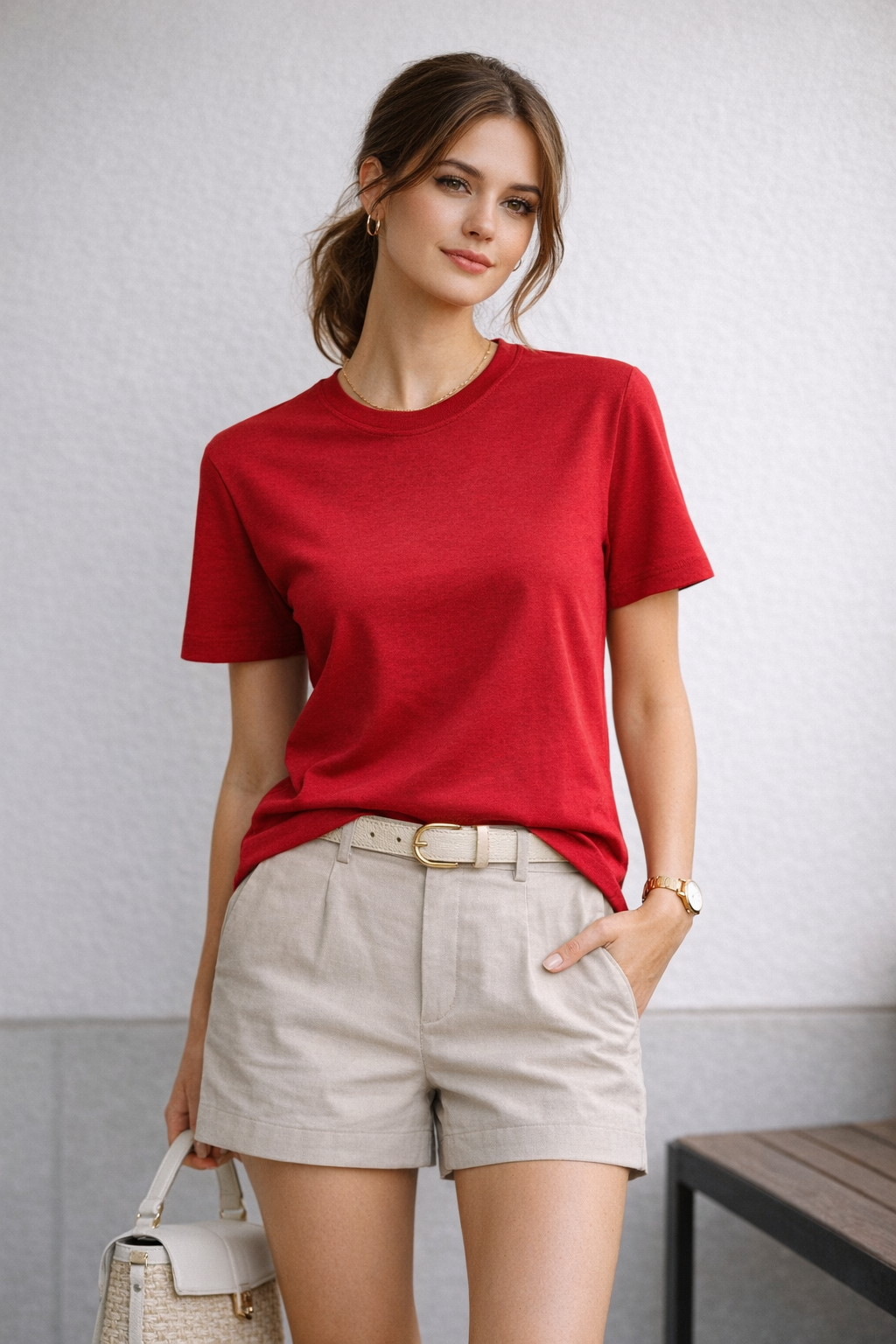 Kadın Basic Bisiklet Yaka Pamuk Likra Tişört – Kırmızı