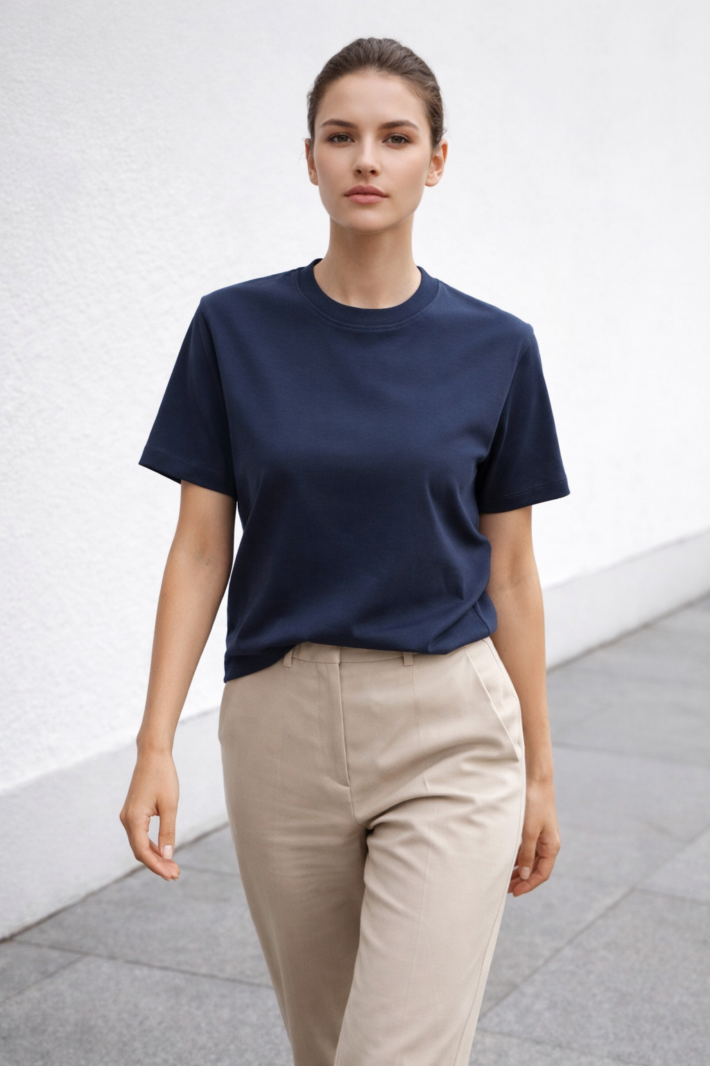 Kadın Basic Bisiklet Yaka Pamuk Likra Tişört – Lacivert