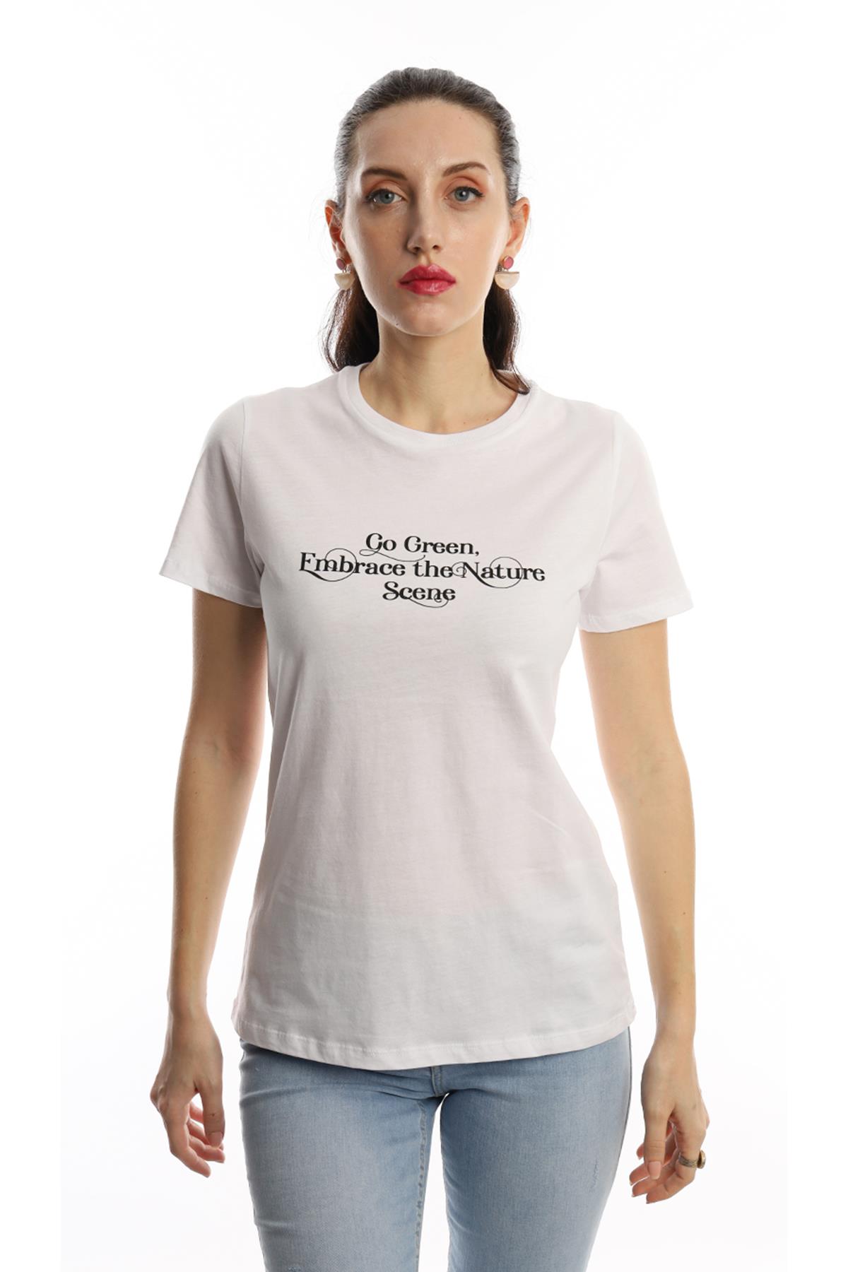 Kadin Baskili Bisiklet Yaka Regular Tisort Beyaz
