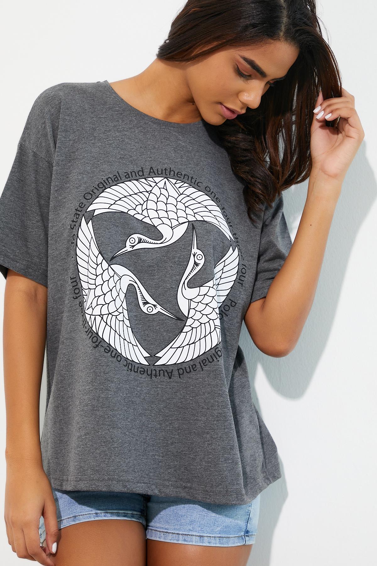 Kadın Baskılı Oversize T-shirt Antrasit