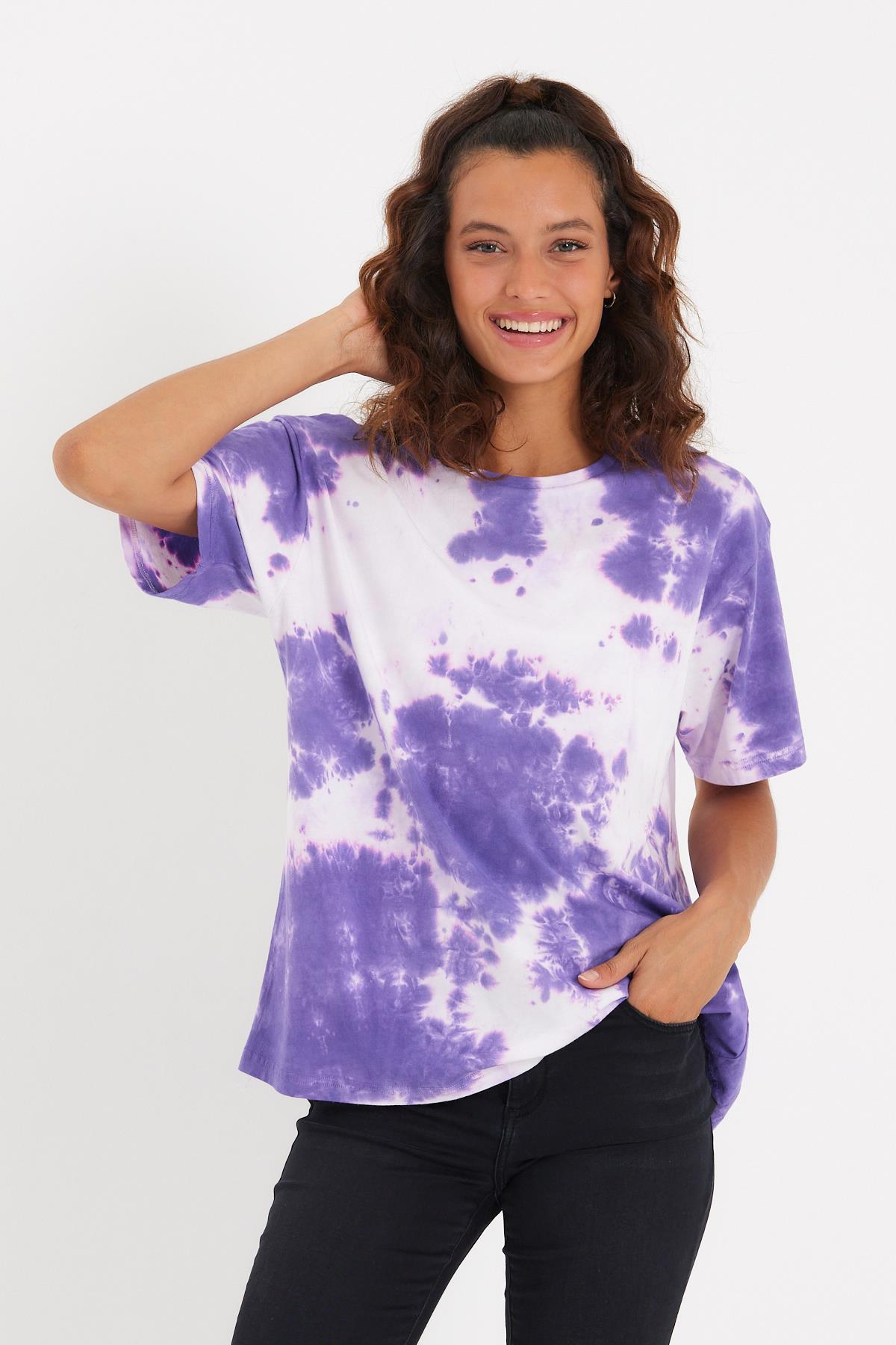 Kadın Batik Yıkamalı Oversize T-shirt Mor