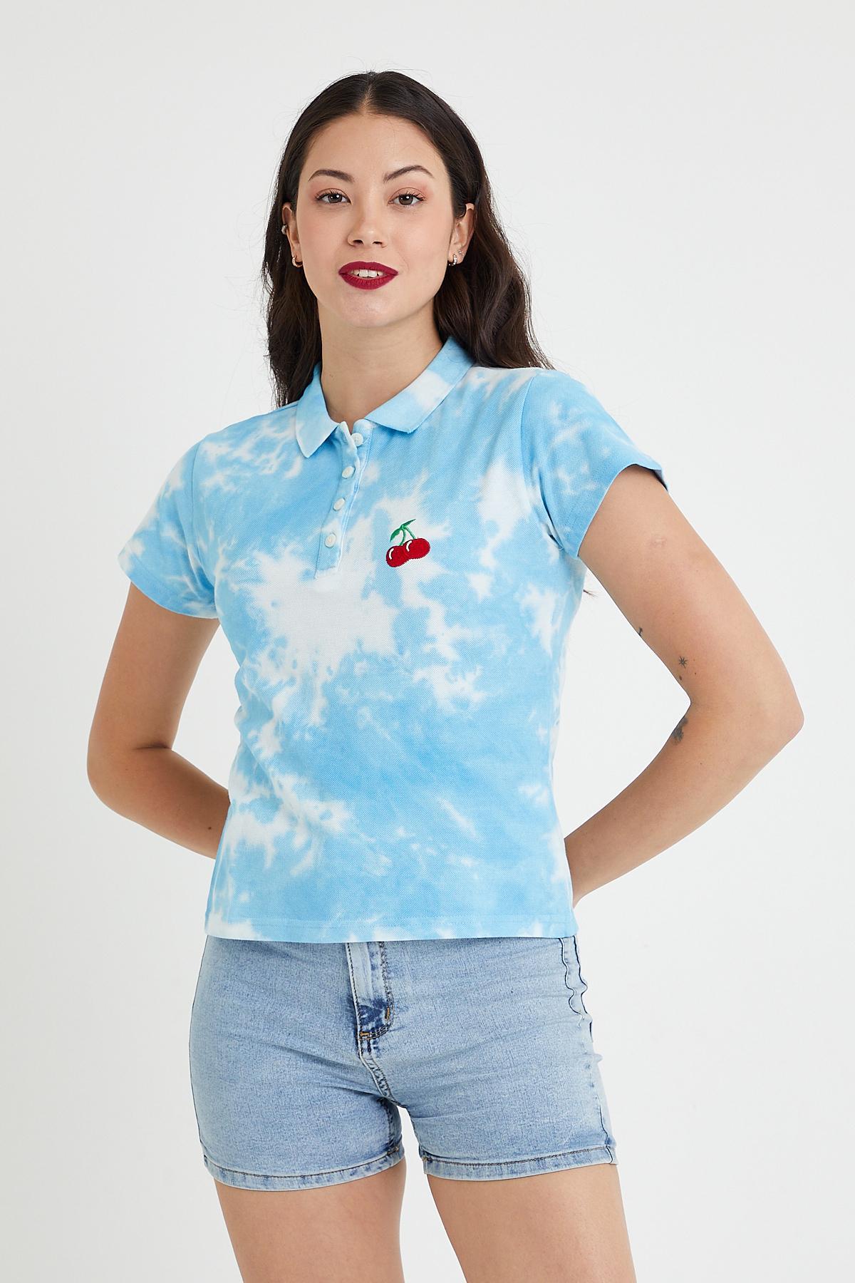 Kadın Batik Yıkamalı t-shirt  Mavi