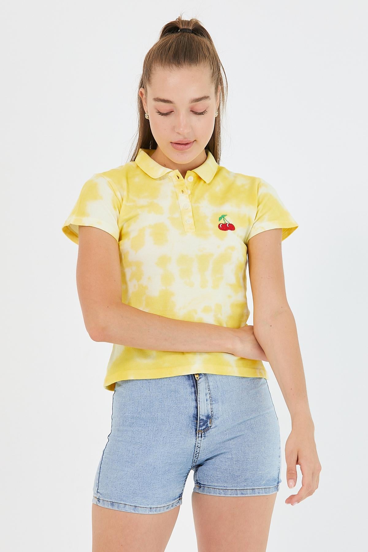 Kadın Batik Yıkamalı t-shirt  Sarı