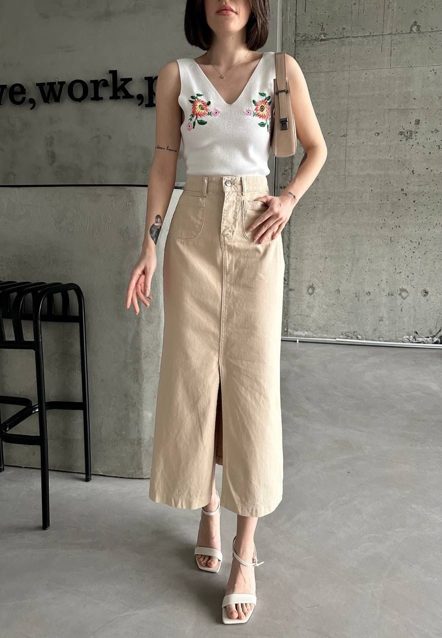 Kadın Bej Yüksek Bel Yırtmaçlı Midi Etek