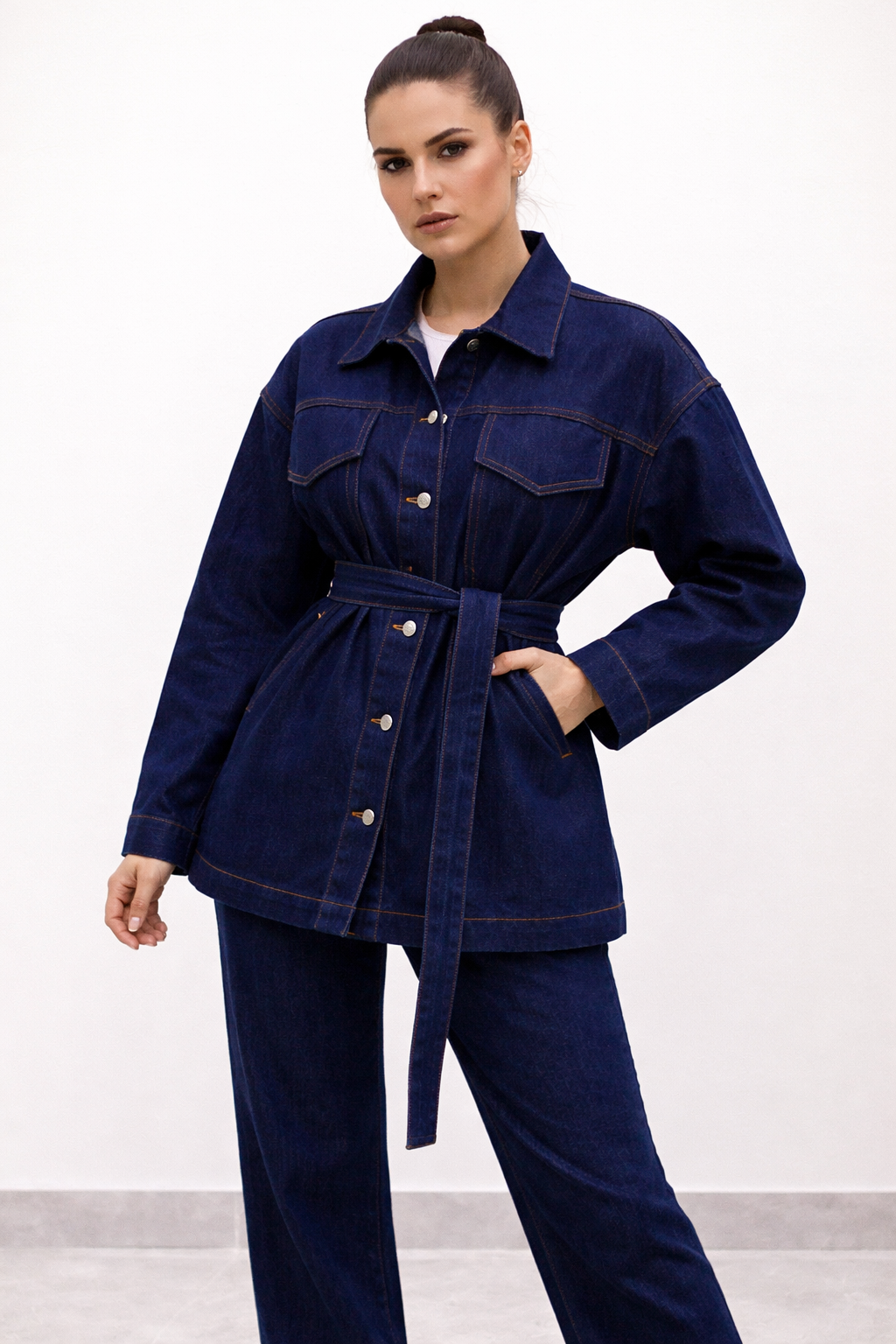 Kadın Belden Kemerli Oversize Denim Ceket Pantolon Takım – Lacivert